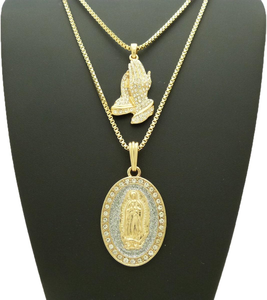 Fashion 21 Pray Hand, Virgin Mary Pendant 24,30 inches Box Chain 2 Necklace Set Gold, Silver 2 Tone (Oval Virgin Mary Set)