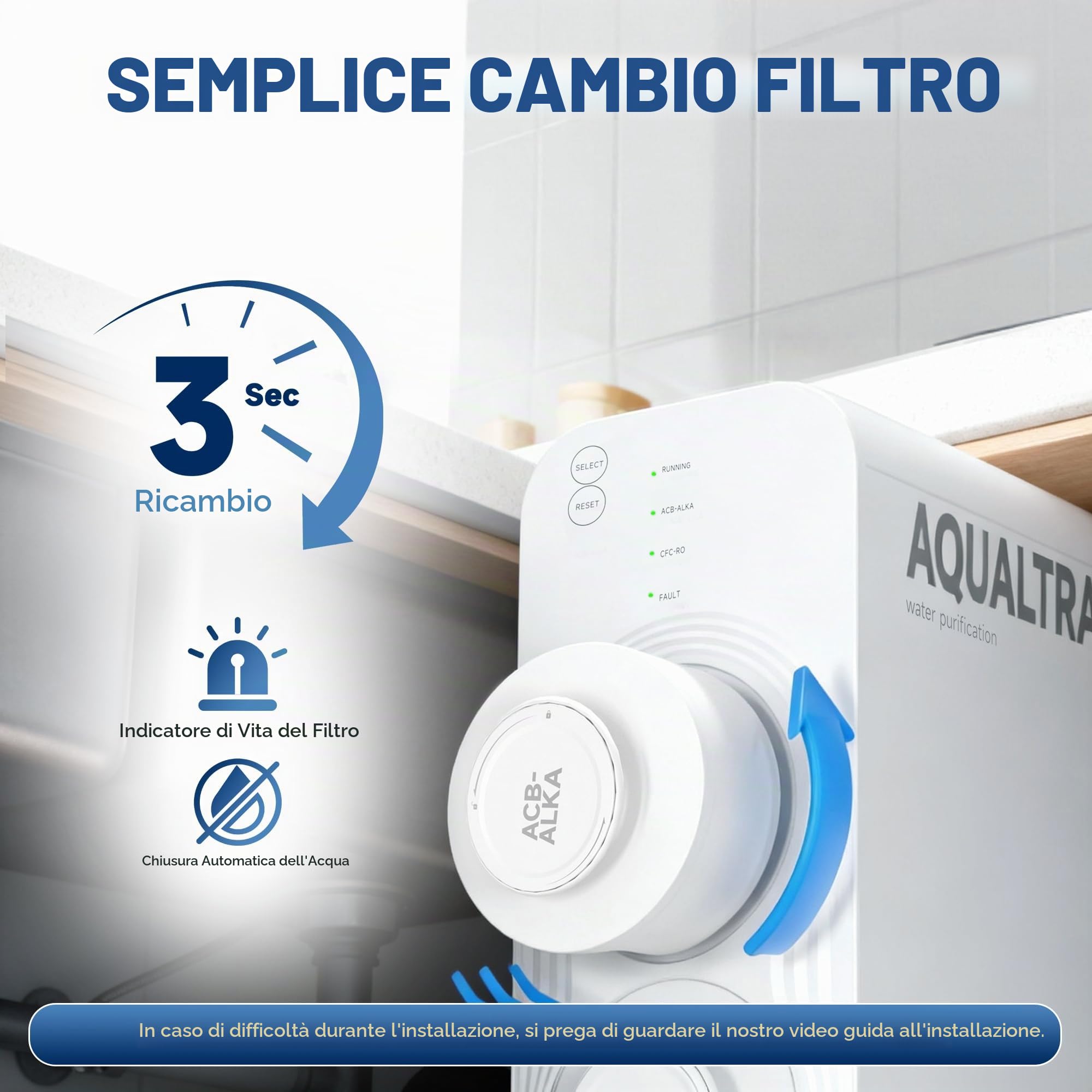 AQUALTRA USF-AR-600 Sistema osmosi inversa sottolavello,impianto osmosi inversa alcalino senza serbatoio 10 stadi, certificato NSF/ANSI/CAN 372, 600GPD, rapporto acqua pura/scarico 3:1, rubinetto LED