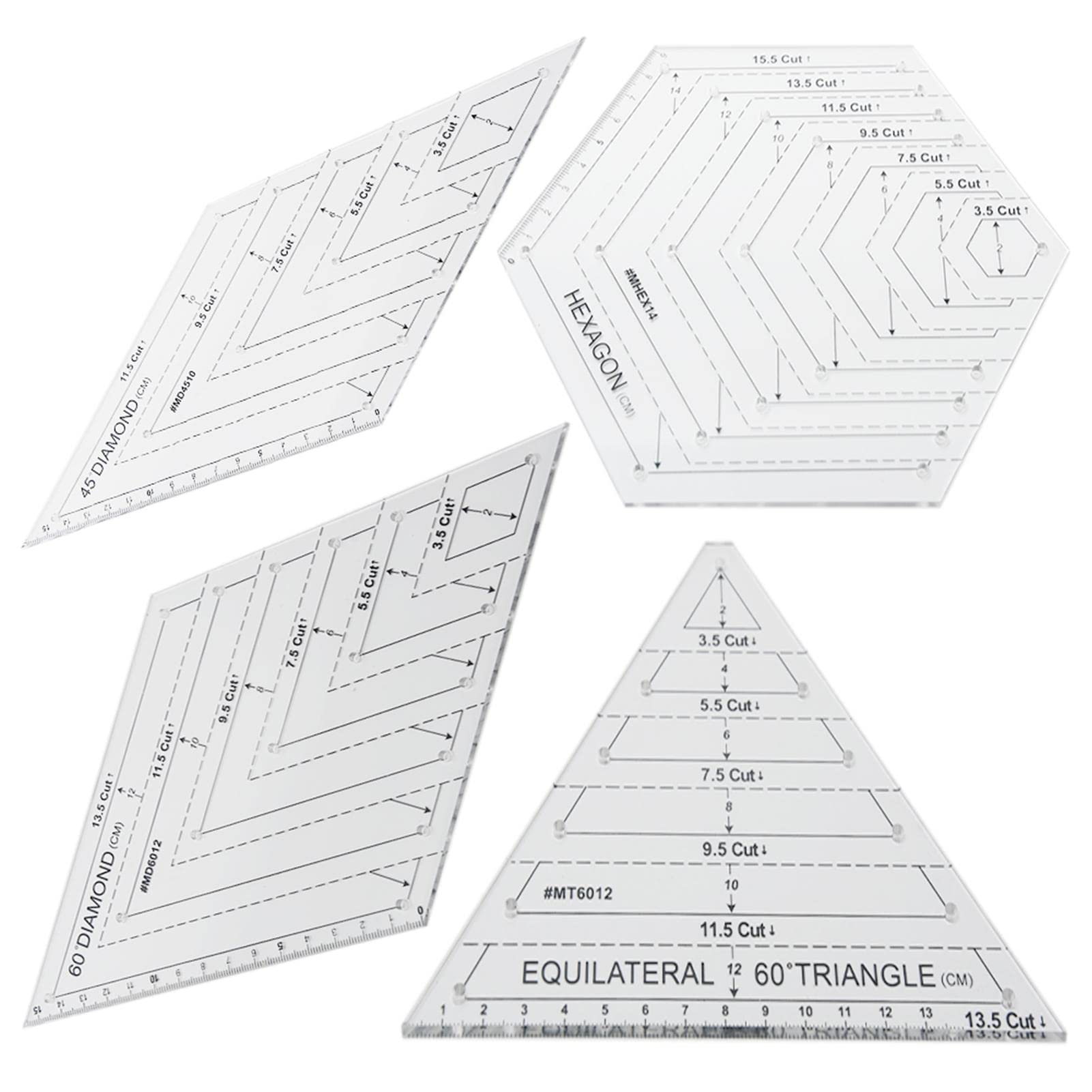 Quilting Patchwork Ruler, 4 Pieces with Plastic 60 Degree Triangle and Diamond, 45 Degree Diamond, Hexagon Shape Templates, Transparent Patchwork Sewing Craft Ruler, Sewing DIY Tool