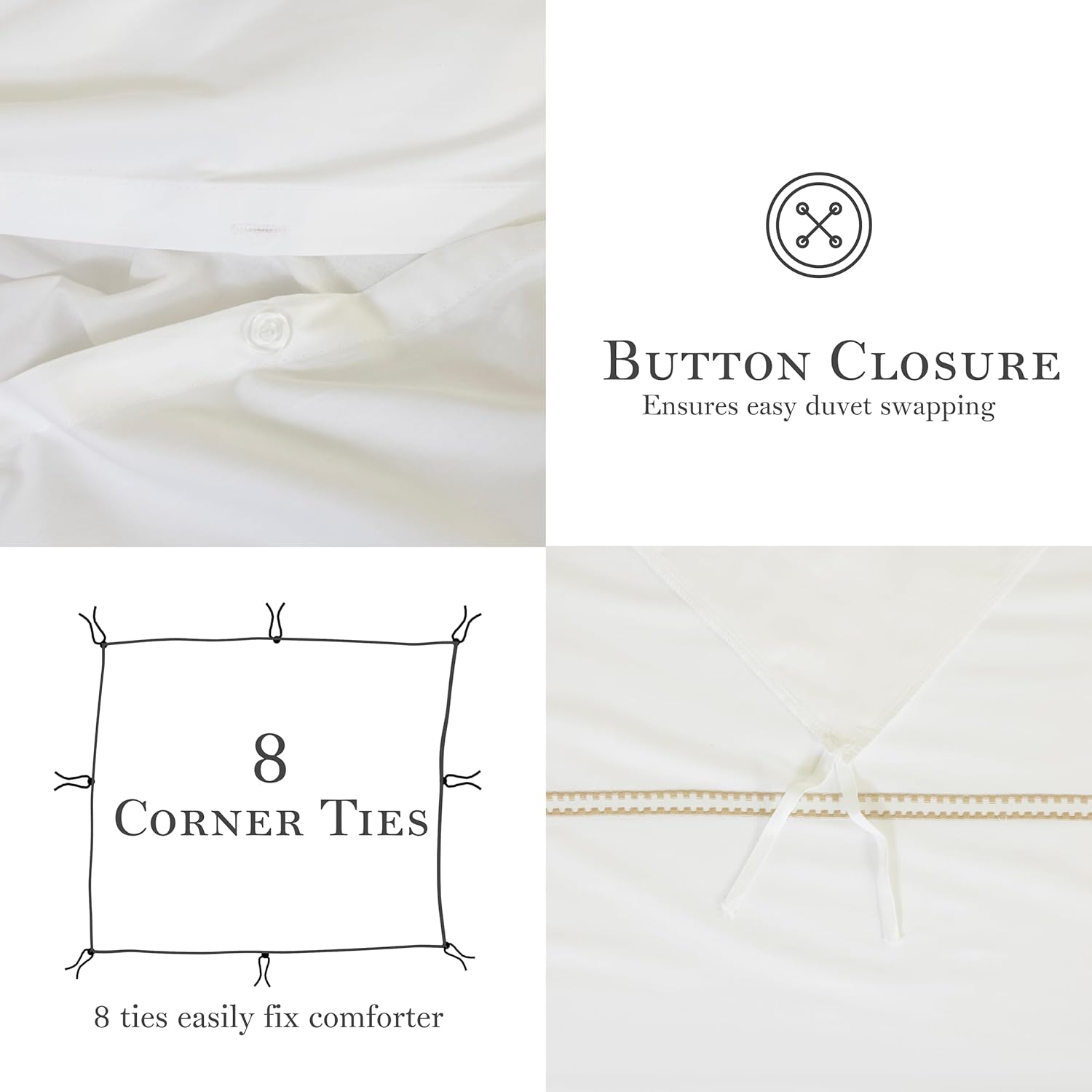 Dreamology White Duvet Cover Luxury Hotel-Quality 100% Cotton Sateen T300 Embroidered Duvet Cover with 2 Pillow Shams Hypoallergenic Button Closure 3 Pieces (Heritage Gold, Queen)