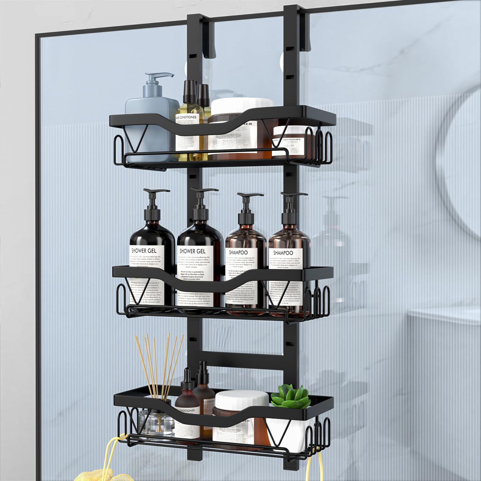 LOOBOV Shower Caddy Hanging, Over Glass Door Shower Shelf, 3-Tier Bathroom Organizer/Rack No Drilling (Black)