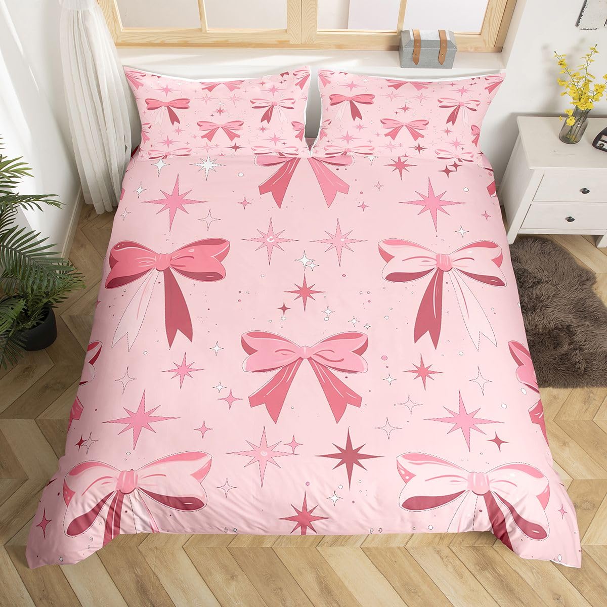 Homewish Set di biancheria da letto con copripiumino per letto super king size con fiocco e fiocco con fiocco e stelle, set di biancheria da letto con fiocco rosa