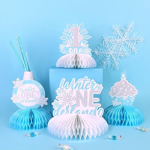 Miniatura 3 de Fangleland 8 centros de mesa de panal de copo de nieve azul para primer cumpleaños, 1er cumpleaños 3D decoraciones de mesa para niños de invierno de