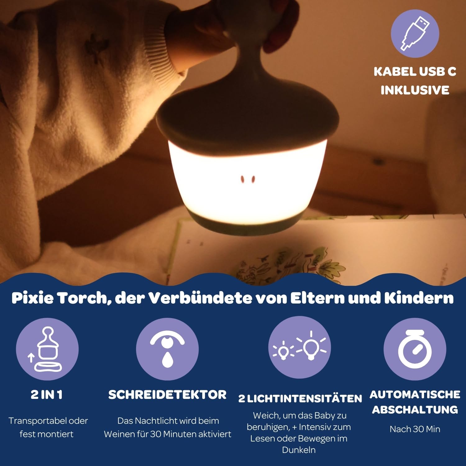 Béaba, Nachtlicht für Kinder Pixie Stick 2 in 1, Warmes Nachtlichter, Transportabel, Schrei-Sensor, LED, Wiederaufladbar, 2 Lichtintensitäten, Automatische Abschaltung, Lange Leuchtdauer, Salbei-Grün