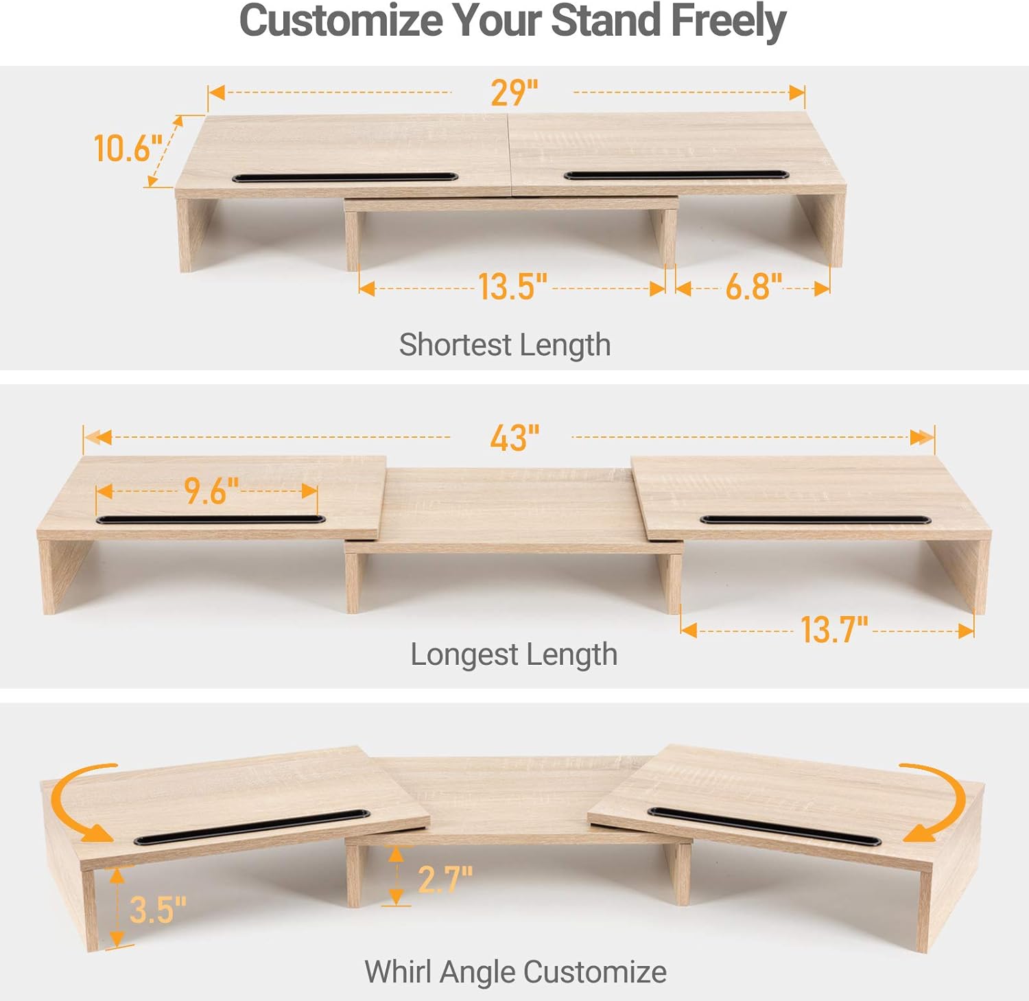 AMERIERGO Dual Monitor Stand Riser- 3 Shelf Screen Stand with Adjustable Length and Angle, 2 Extra Functional Slot Desktop Organizer Stand for PC, Computer, Laptop (Light Wood) : Electronics