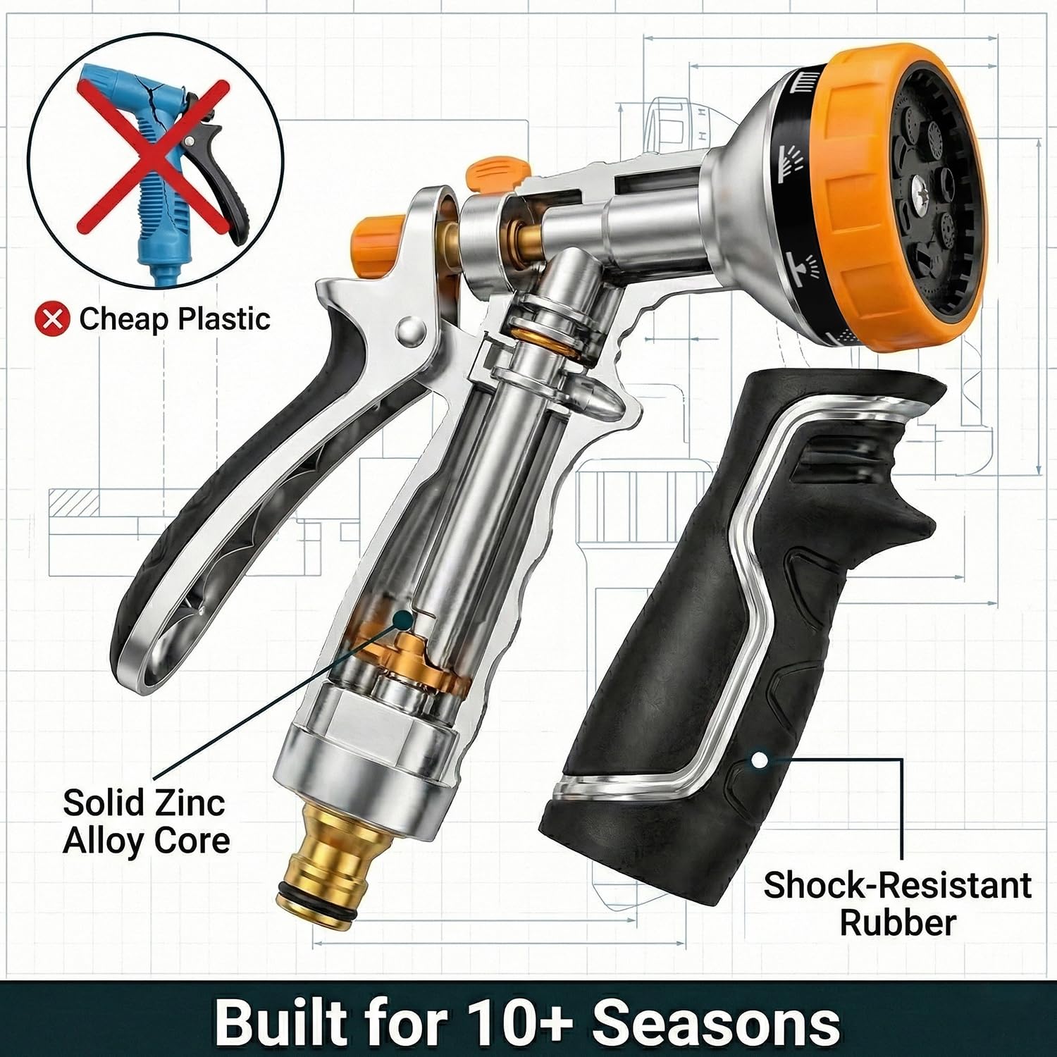 Onarway Garden Hose Spray Gun: Heavy Duty Metal Nozzle with Solid Brass Fittings for Leak-Proof Seal - 10 Patterns & Thumb Control for Continuous, Fatigue-Free Watering of 100+ Potted Plants & Lawns - 4