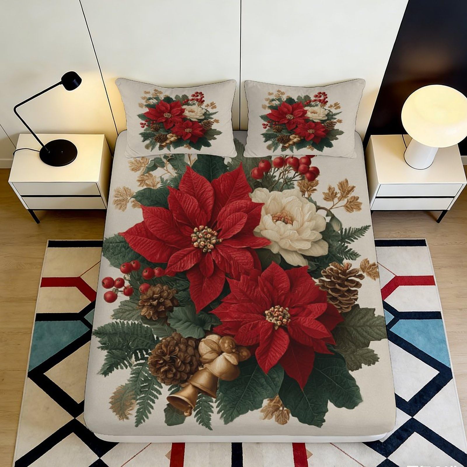 Pnayamiorkfel Style-4 3D Printed Christmas Poinsettia Fitted Sheet Microfiber Soft Red Floral Pinecone Bed Cover For Bedroom Guestroom Decor 90X200x25cm