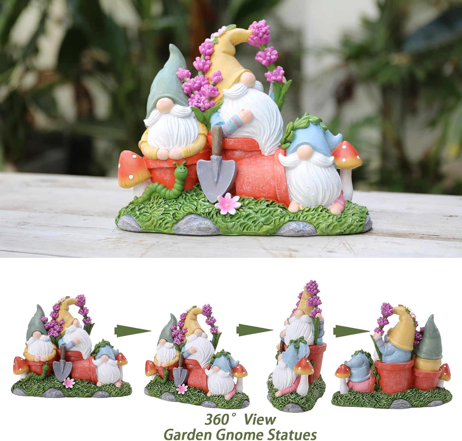Garden Gnome Statue, Gnomes Figurine on Flower Pot with Floret and Mushrooms, Waterproof Resin Outdoor Decor for Patio Lawn Yard Home Tabletop Decoration