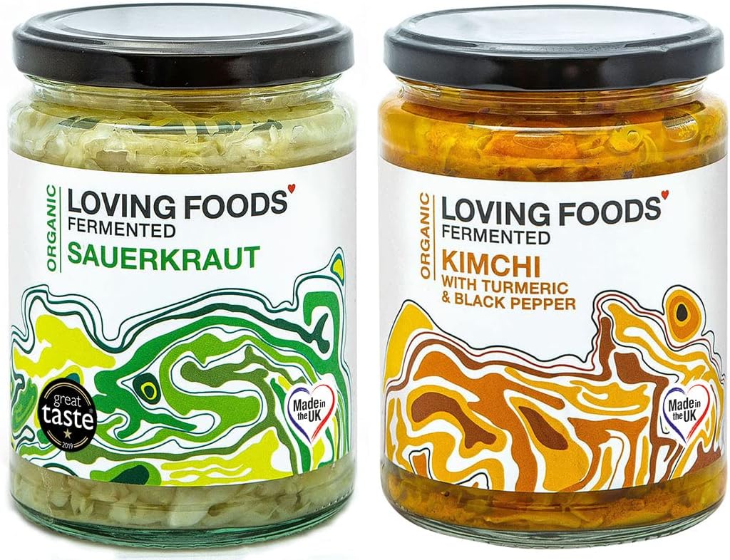 Loving Foods Award-Winning *Organic & Made in the UK* Sauerkraut & Kimchi with Turmeric and Black Pepper (2 x 475g) Raw, Unpasteurised & Bursting with Beneficial Live Bacteria (2 x Jars)