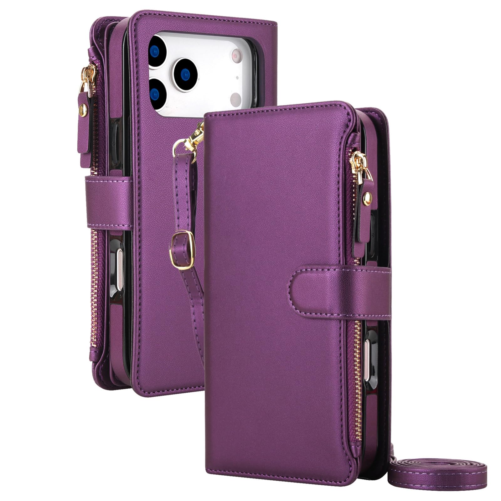 FDUJINH Wallet Case for Iphone 17 Pro Max/17 Pro/17 Air/17, High Capacity Flip Leather Cover Magnetic Detachable Crossbody Strap Shell,Purple,17 Pro Max