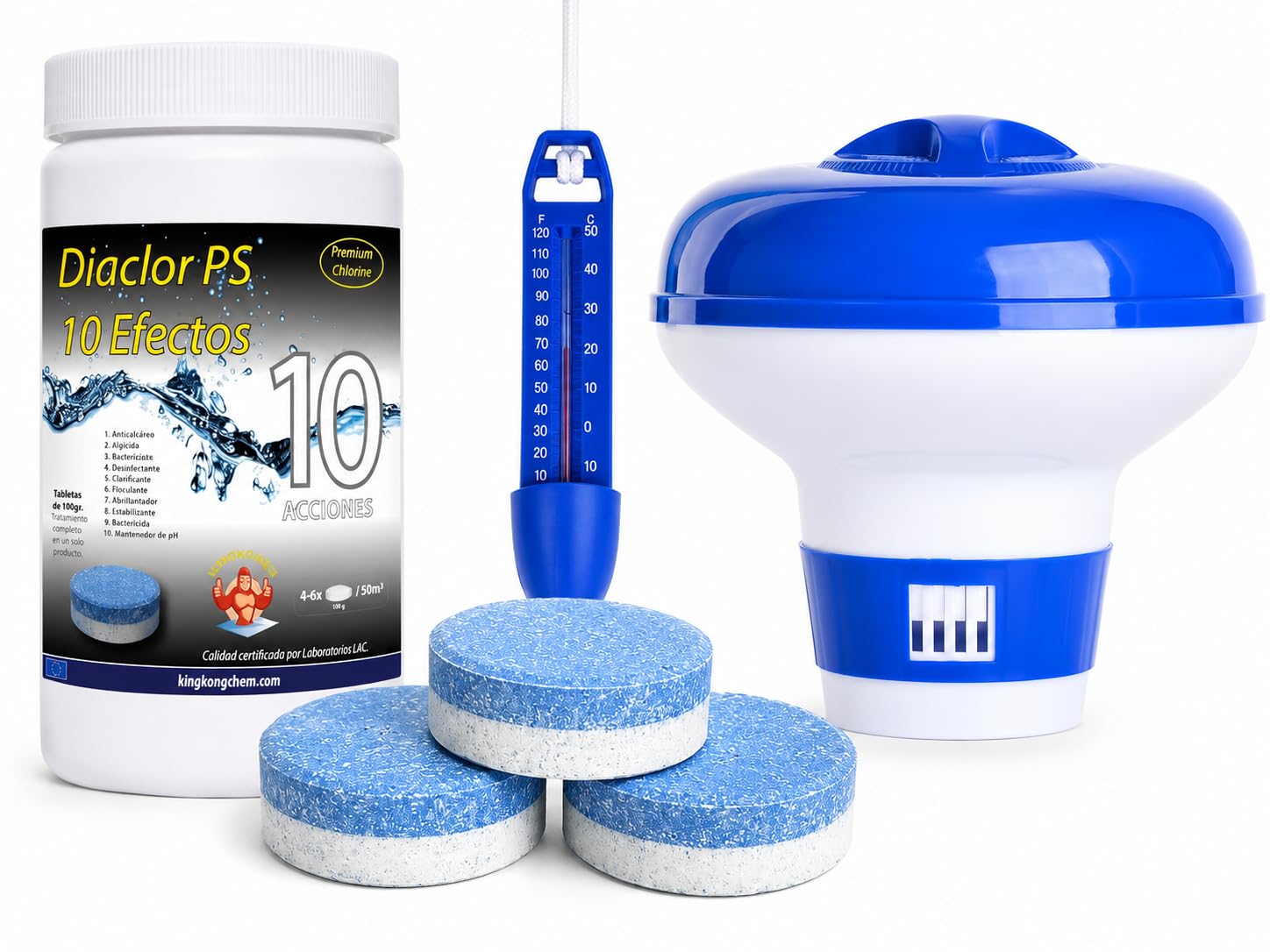 Kit Cloro Piscinas pequeñas DIACLOR PS 10 Efectos 1 KG (Pastillas 100 GR) Tratamiento Completo + DOSIFICADOR Grande + TERMÓMETRO