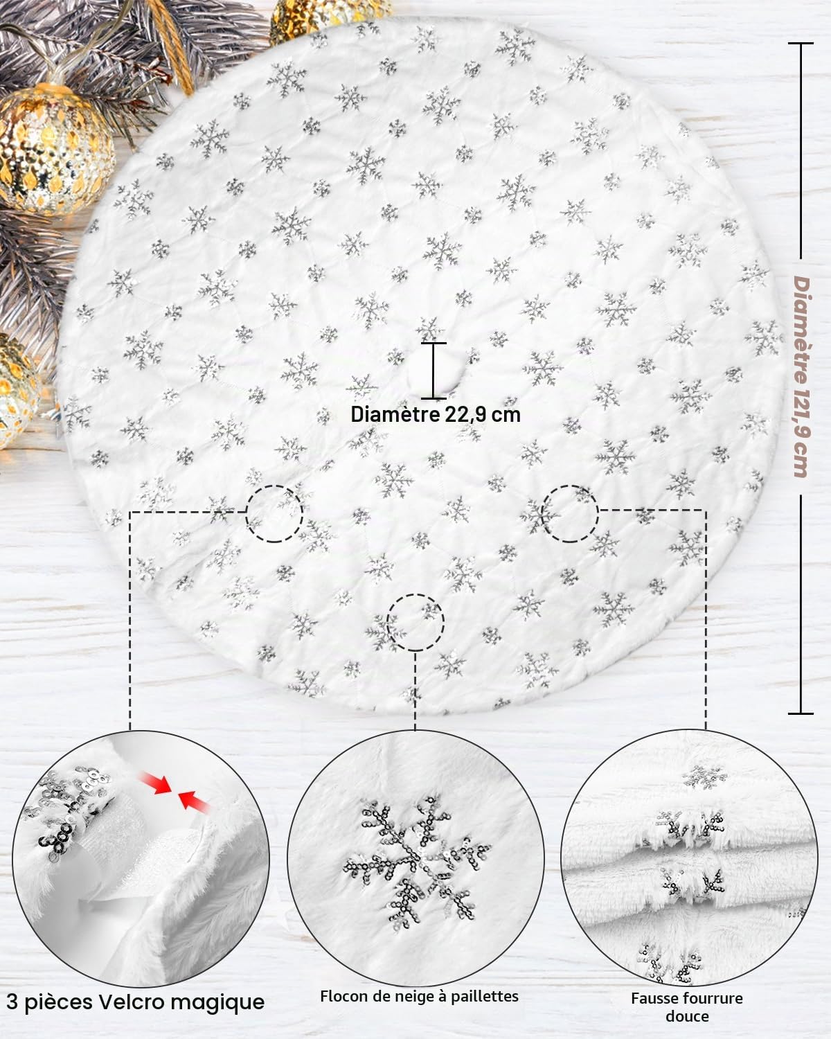 COOLWUFAN 48 inches/120cm Jupe de Sapin de Noël pour Arbre de Noël Décorations de Fête de Vacances Blanc en Peluche Argent Sequin Flocon de Neige