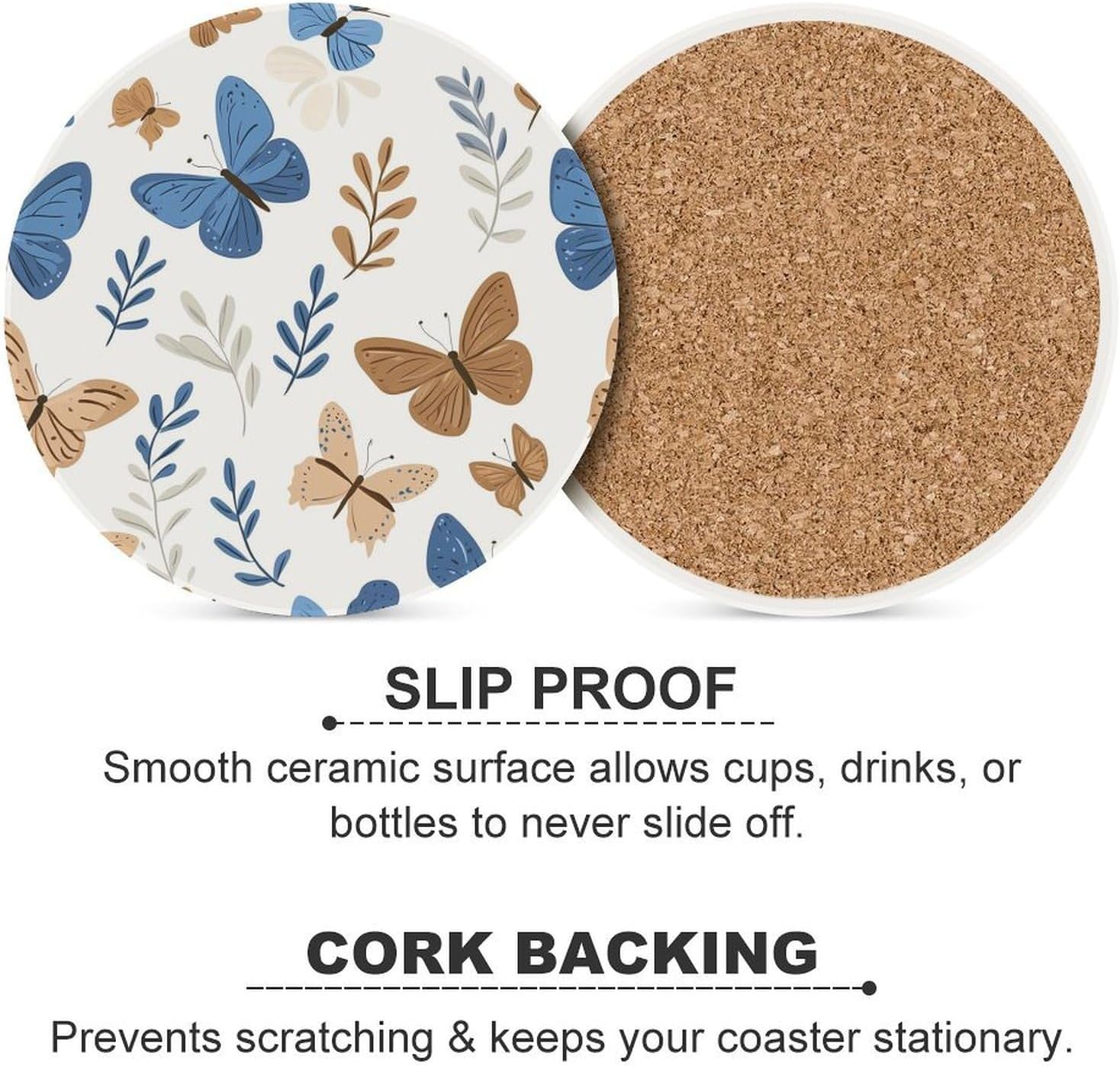 Butterflies Coasters for Drink Round Ceramic Coaster with Cork Base Home Decorative 4PCS