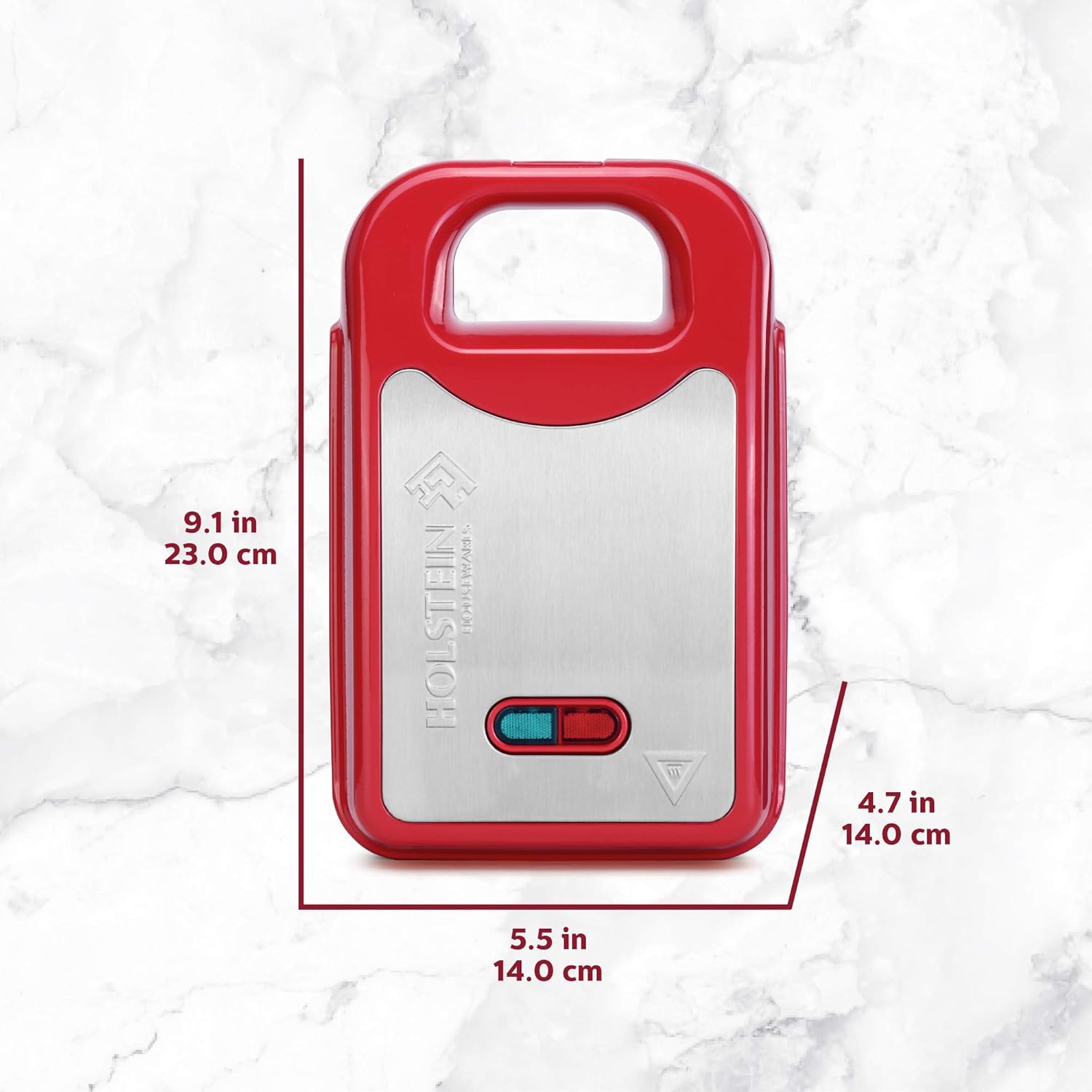 Diagram showing the dimensions of the Holstein Housewares Multi-Maker: 9.1 inches (23.0 cm) height, 5.5 inches (14.0 cm) width, and 4.7 inches (14.0 cm) depth.