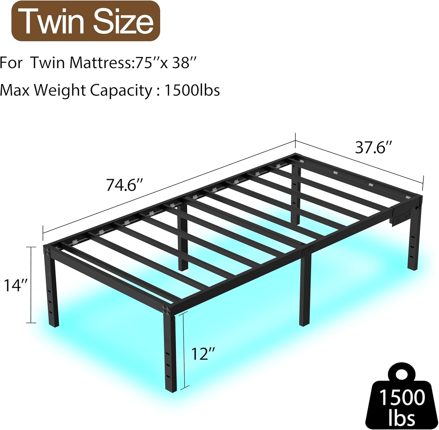 Twin Bed Frames 14 Inch Platform Bed Frame with Large Storage Space,Black Bed Frame Twin Size for Kids Heavy Duty Metal Mattress Foundation,Corner Bed for Boys Girls(14 Inch, Twin)
