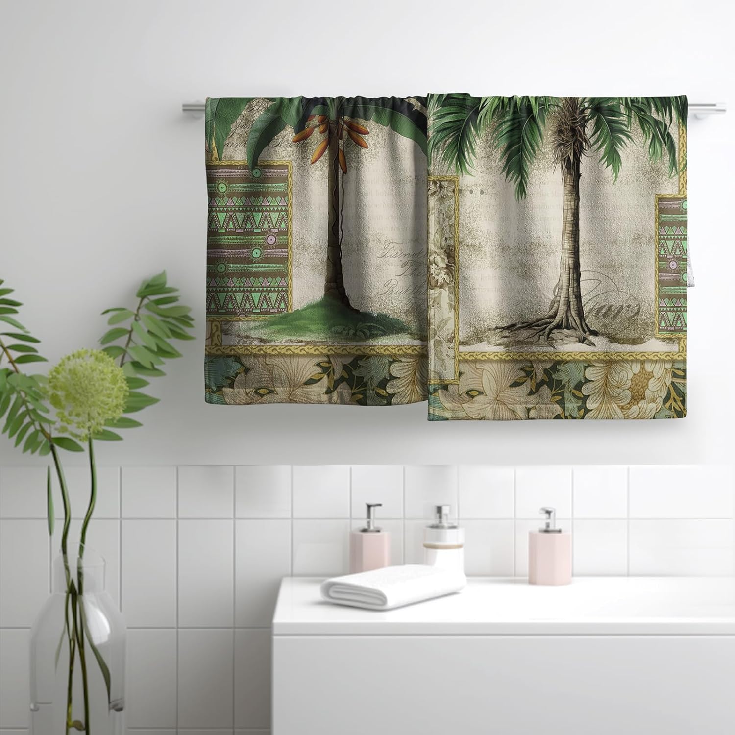 Tropical Palm Tree Hand Towels Set of 2 Summer Vintage Green Leaves Kitchen Towels Hawaii Jungle Plant Tree Bath Towel Botanical Monstera Dish Towels Soft Absorbent Fingertip Towel for Bathroom - Image 6