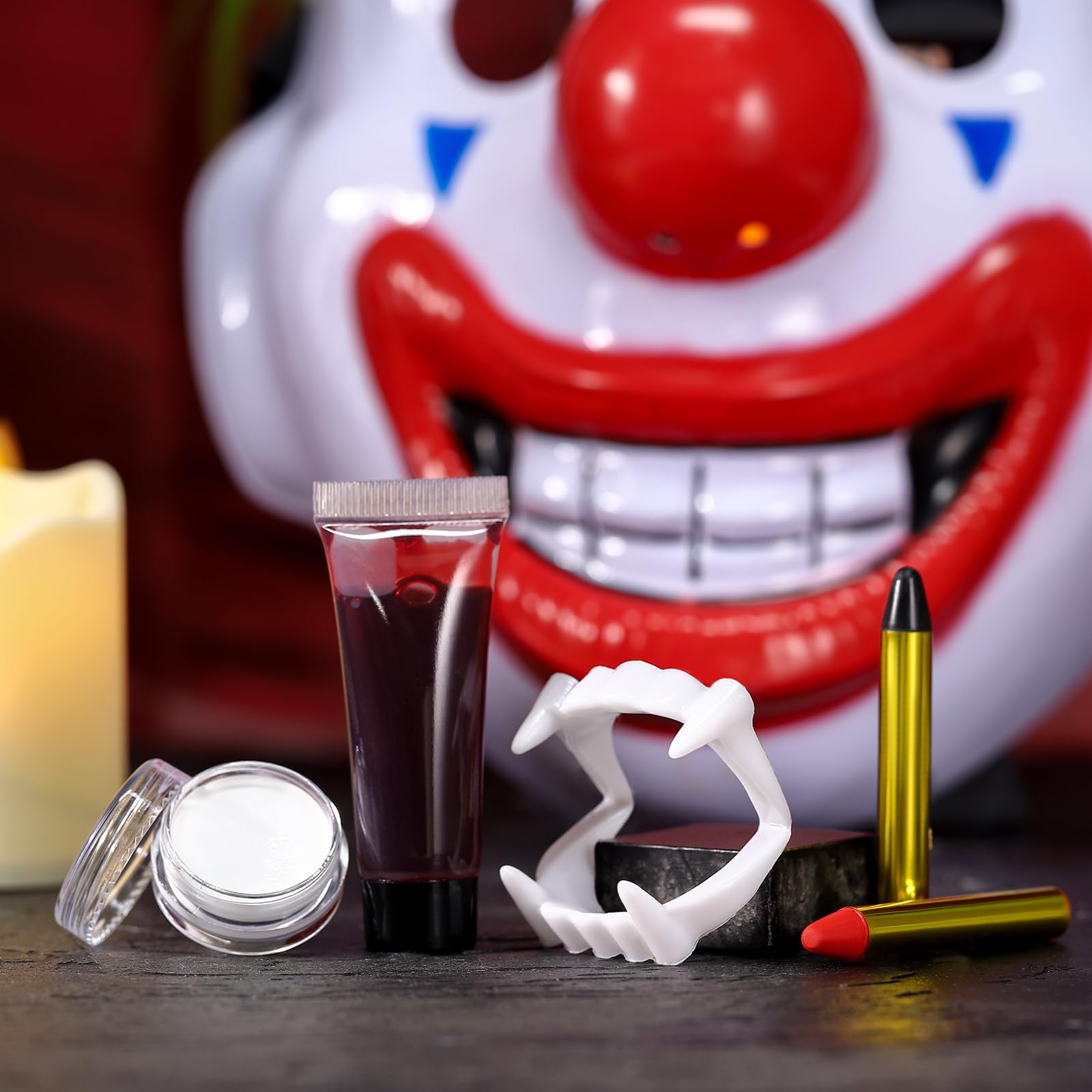 Kit de maquillaje de vampiro de Halloween con pintura blanca para cara y cuerpo, sangre falsa, lápiz de pintura facial negra y roja y dientes falsos SFX juego de maquillaje para heridas 8