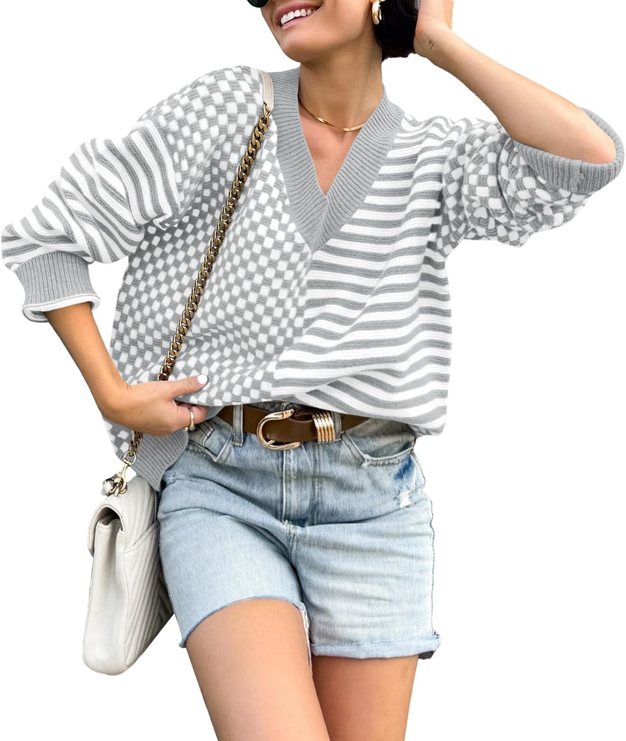 Saodimallsu Womens Checkered Striped Sweater V Neck Long Sleeve Fall Trendy Loose Knit Cozy Pullover Tops - Image 2