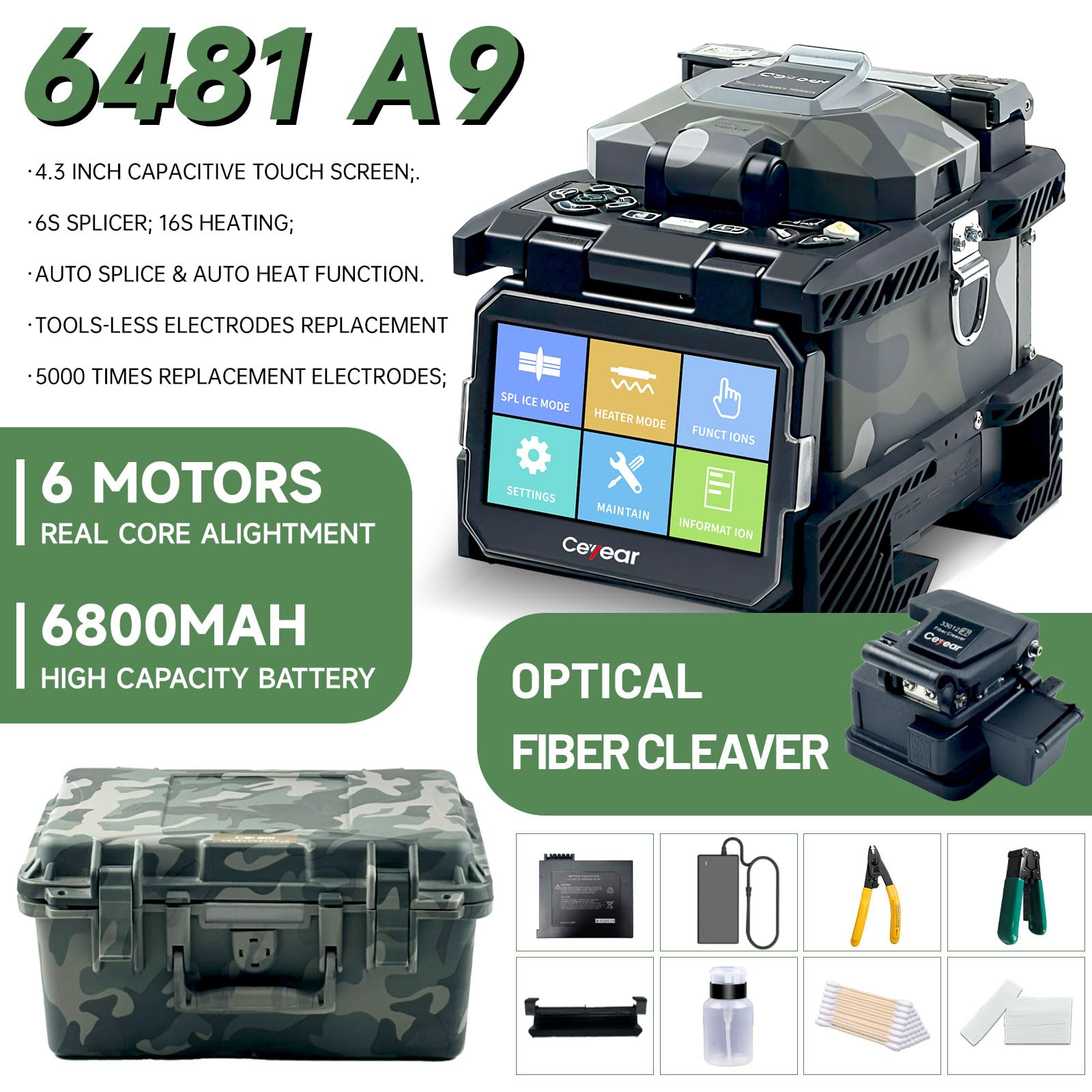 6481A9 - Empalmadora de fusión de fibra - Enfoque automático de 6 motores, pantalla táctil de 4.3 pulgadas, kit de máquina de empalmar de fusión con cuchilla de fibra óptica