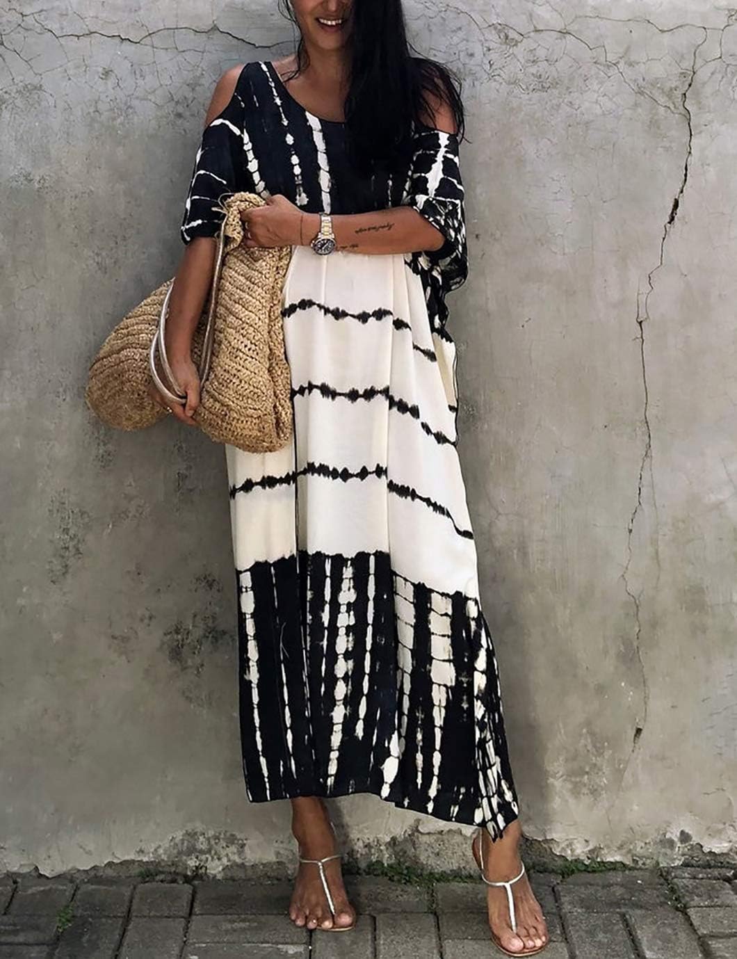 Eddoyee Plus Size Beach Kaftan Dresses for Women Print V-Neck Long Swimsuit Cover Ups - Image 4