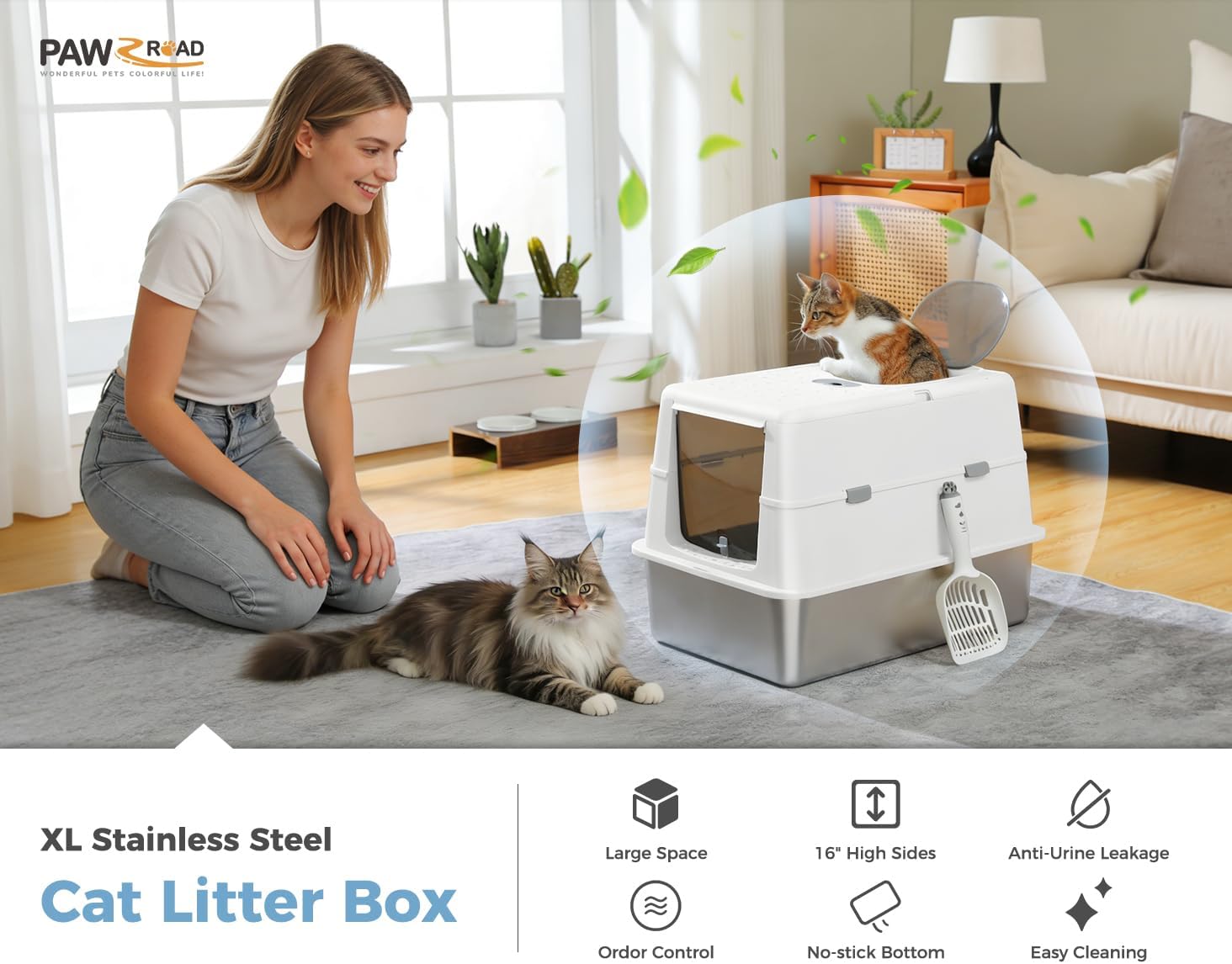 PAWZ Road Stainless Steel Cat Litter Box, XL Extra Large Enclosed Litter Box with Non-Sticky Metal Pan, 16" High Sides& Anti-Leakage with Scoop, Front & Top Dual Entry for Big Cats, White
