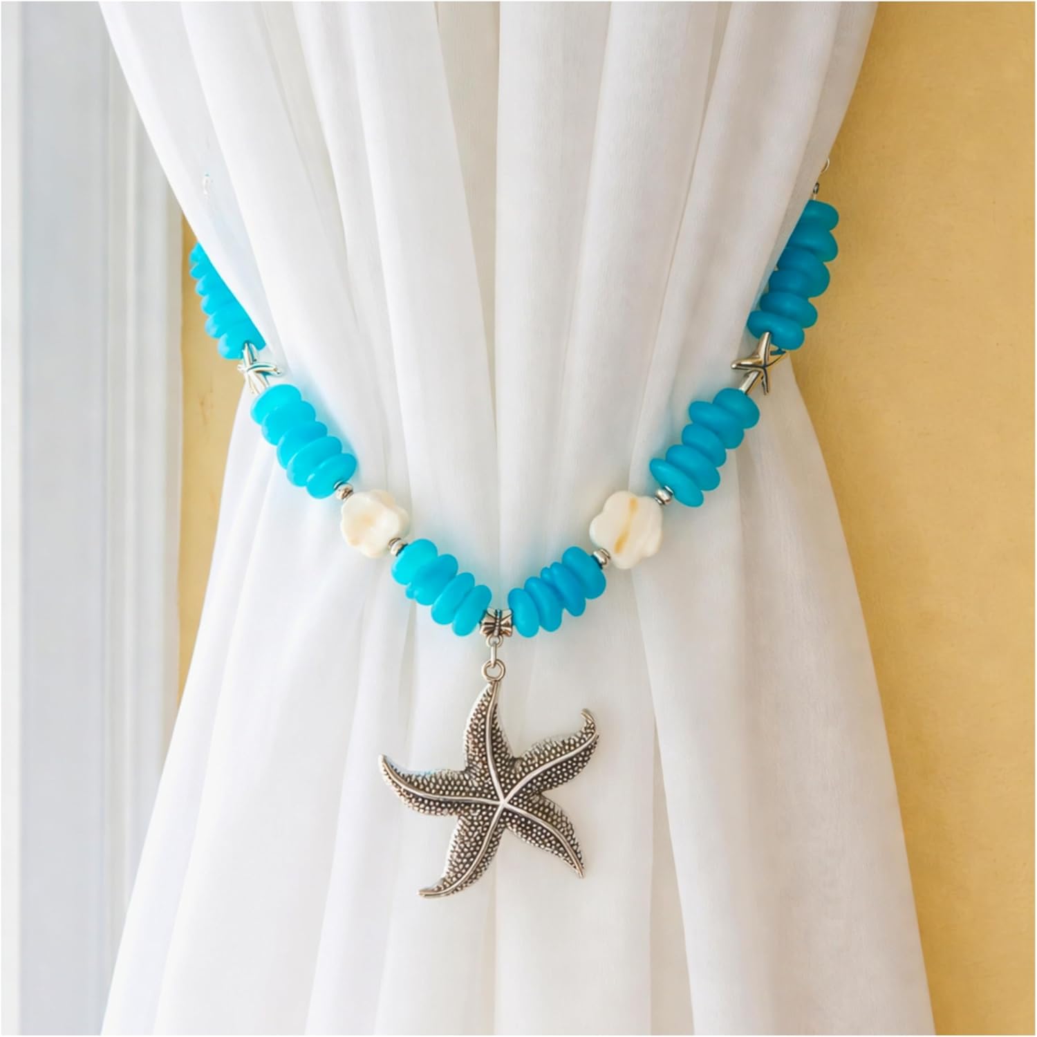 Starfish Curtain Tie Backs with Ocean Blue Sea Glass Beads, Coastal Home Decor, Beach Window Decorations