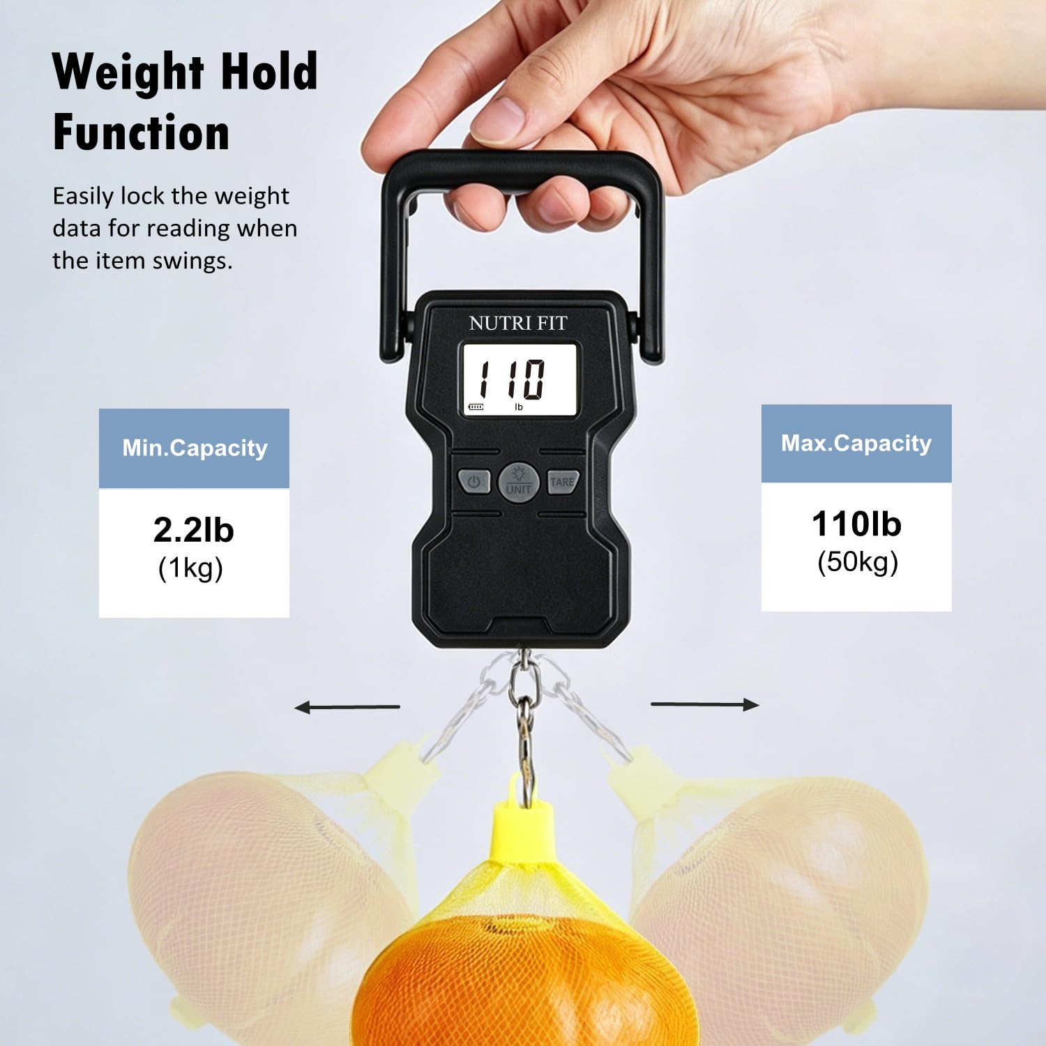 NUTRI FIT Cyfrowa waga bagażowa, waga bagażowa z taśmą mierniczą, elektroniczna waga do ryb, 50 kg/110 lb waga wisząca waga pocztowa z hakiem do podróży, wędkowania, ważenia paczek, podświetlany