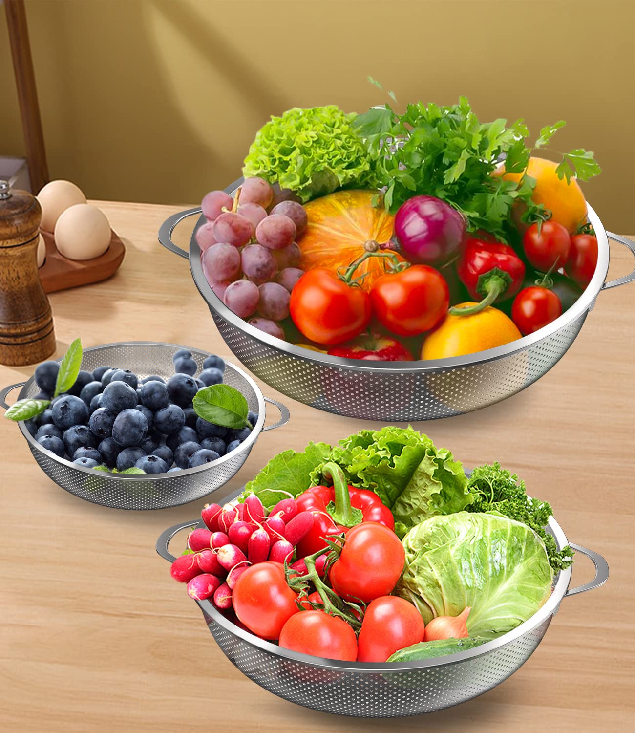 Zawaer Scolapasta da cucina, 3 pezzi in acciaio inox micro-perforato con manico per pasta, frutta, riso, verdure, più sane e molto lucidate, lavabili in lavastoviglie (20/23/29 cm)