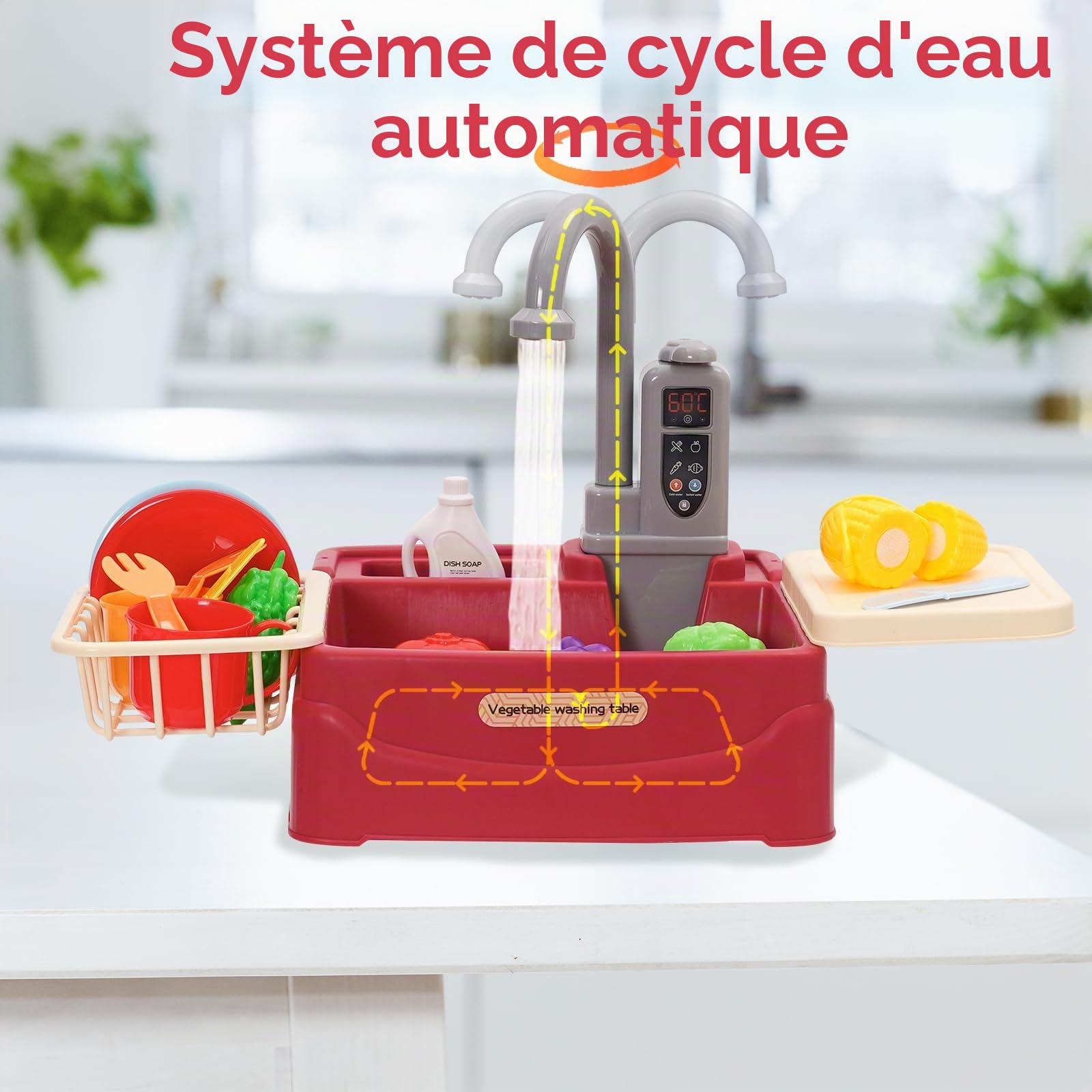 Jeu d’Évier de Cuisine pour Enfants avec Robinet à Recyclage d’Eau,Jouet de Rôle Incluant Légumes et Accessoires, Pompe à Eau Réaliste,Cadeau pour Filles Garçons dès 3 Ans