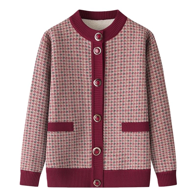 KIJSKKOPO Cárdigan Grueso con Forro Polar para Mujer, Verde, Manga Larga, Cuello Redondo, Botones, Estampado A Cuadros, Patchwork, Chaqueta Punto, para Señoras Mediana Edad Y Mayores, Ropa Abrigo