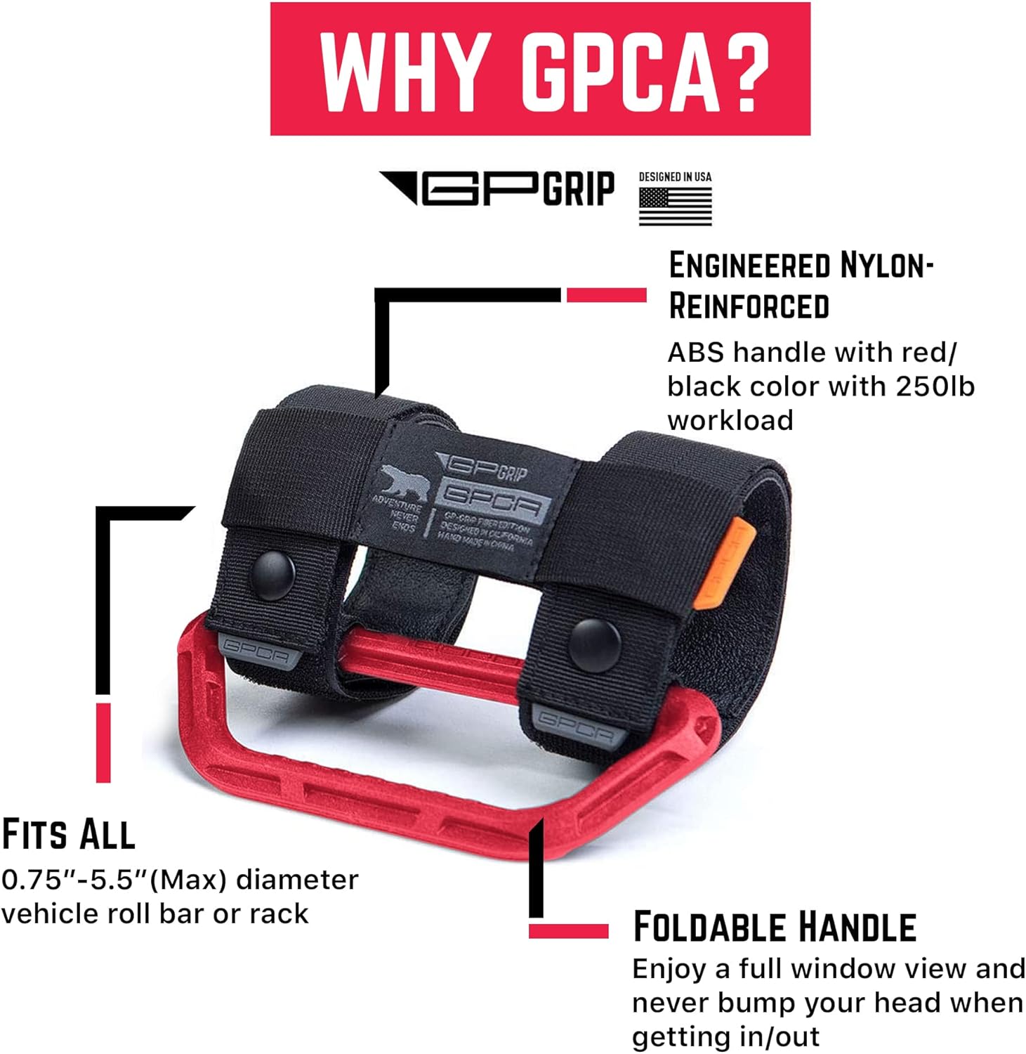 GPCA Universal Grab Handles for Jeep Wrangler TJ YJ JK JL JT (1955-2023) –Easy-to-Fit 2-Strap Design for 1–5.5” Roll Bars, Versatile Grab Handle 4x4 Accessory for UTV ATV Boat (4PC-Firecracker Red)
