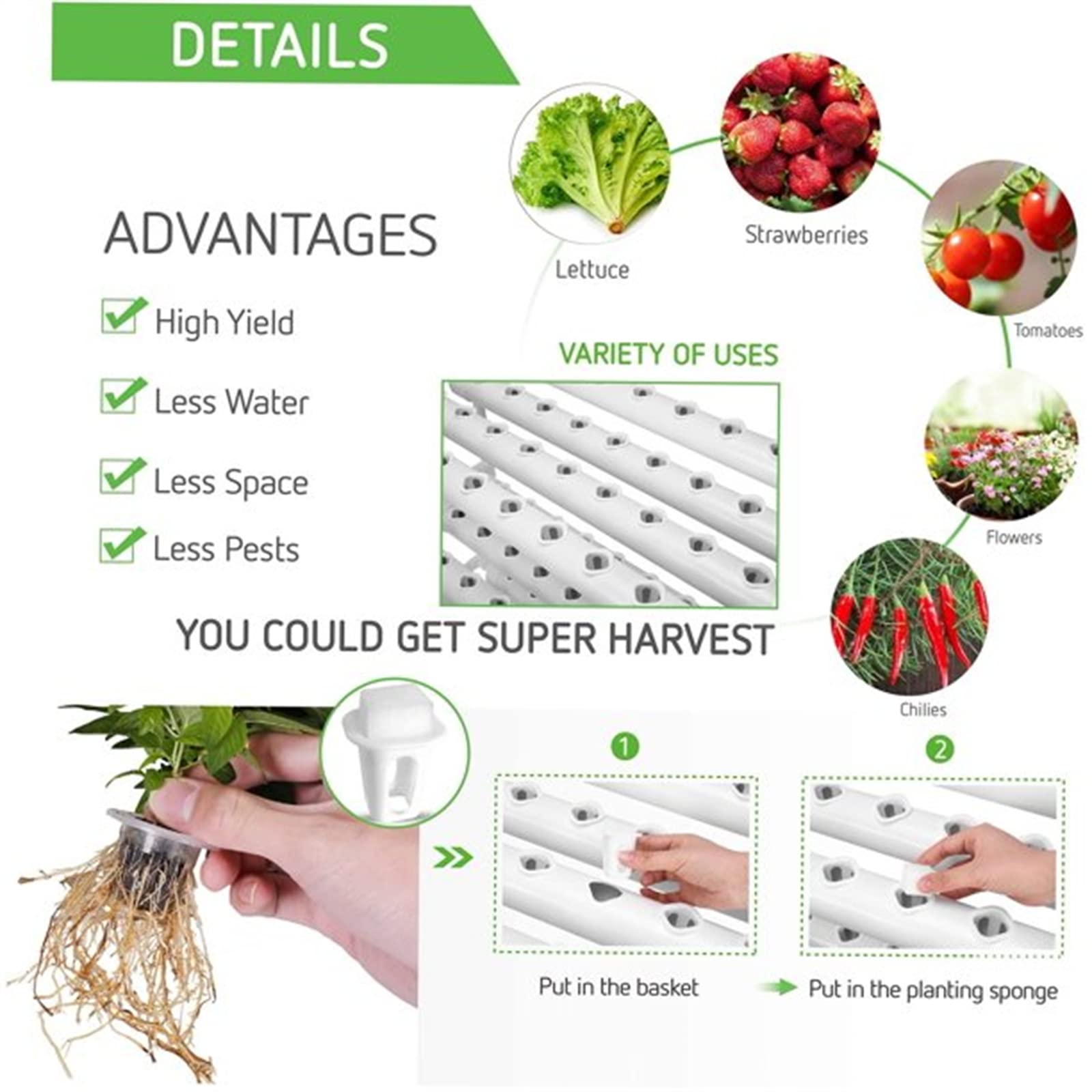 Kit de cultivo hidropónico de PVC para sistemas de cultivo hidropónicos, tubo de jardín, kit de 3 capas, 108 agujeros, 12 tubos, sistemas de cultivo de plantas sin tierra, con esponja y bomba de agua