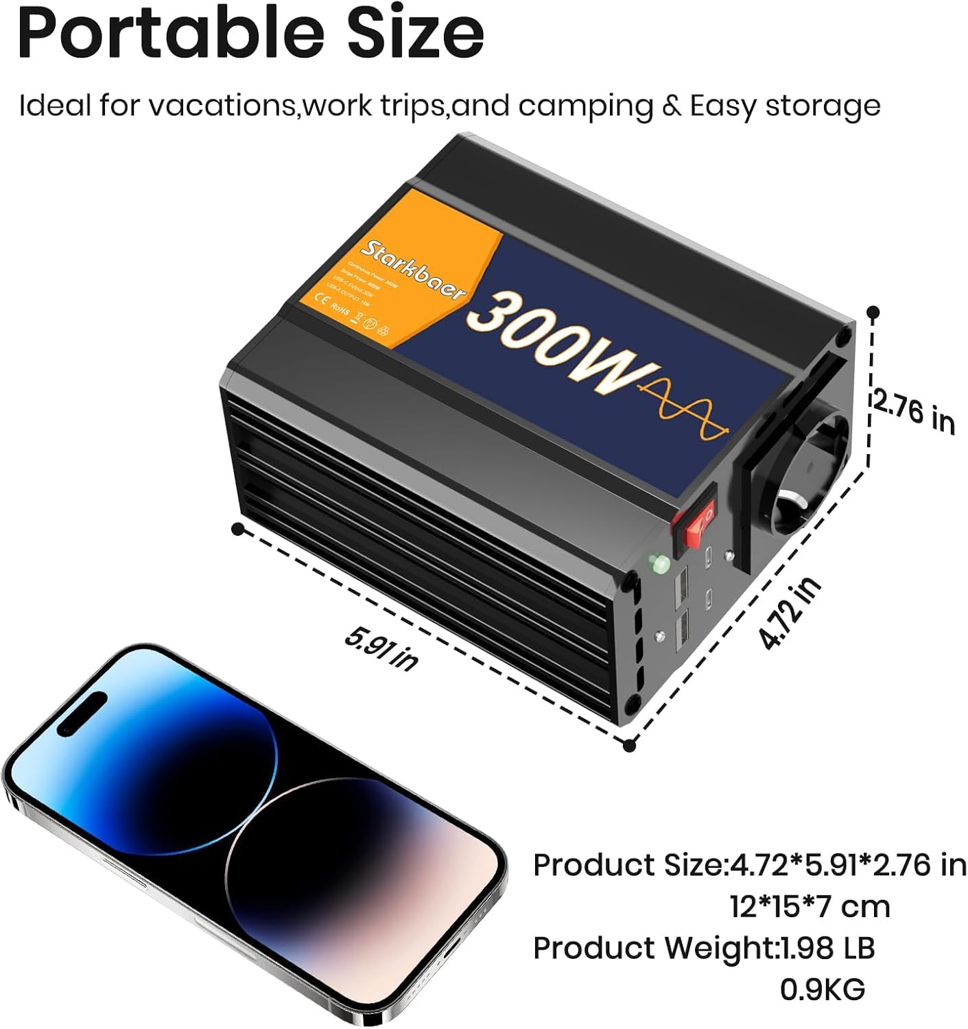 Convertisseur Voiture 12V 230V Pure Sinus 300W Onduleur Allume-Cigare USB | Onduleur avec Prise Allume-Cigare, 4 Ports USB & Boîtier en Aluminium. Idéal pour Recharge de Téléphone & Voyages en Auto