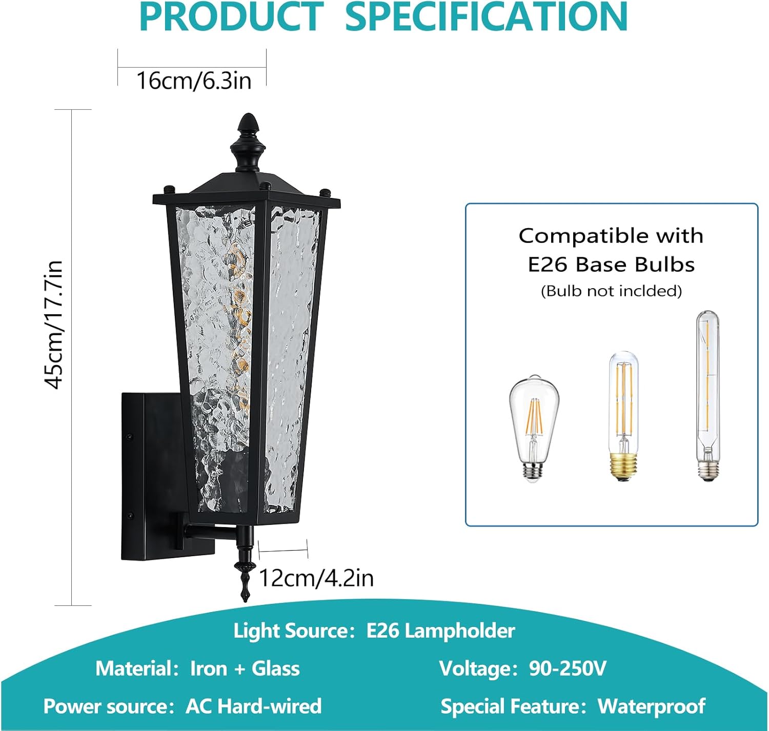 Outdoor Wall Light, Black Exterior Lighting Fixture with E26 Sockets & Clear Glass, 17.7in Waterproof Porch Wall Lanterns for Garage,Patio,Front Door,House