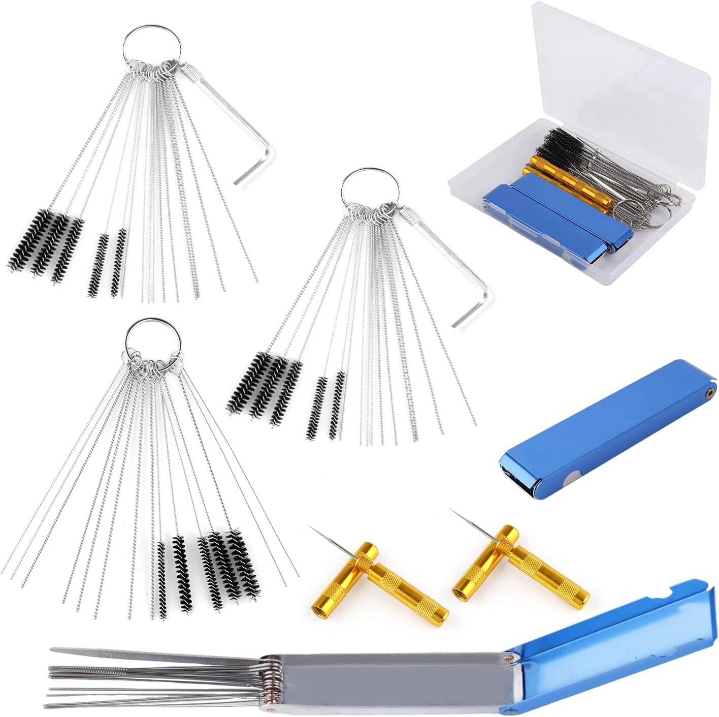 Tinoaly Carburetor Cleaner Kit, Torch Tip Cleaner Set with 15 Nylon Brushes 30 Cleaning Needles 2 Hex Wrench 2 Sharp Picks 26 Cleaning Wires Suitable for Auto Motorcycles & Small Engines