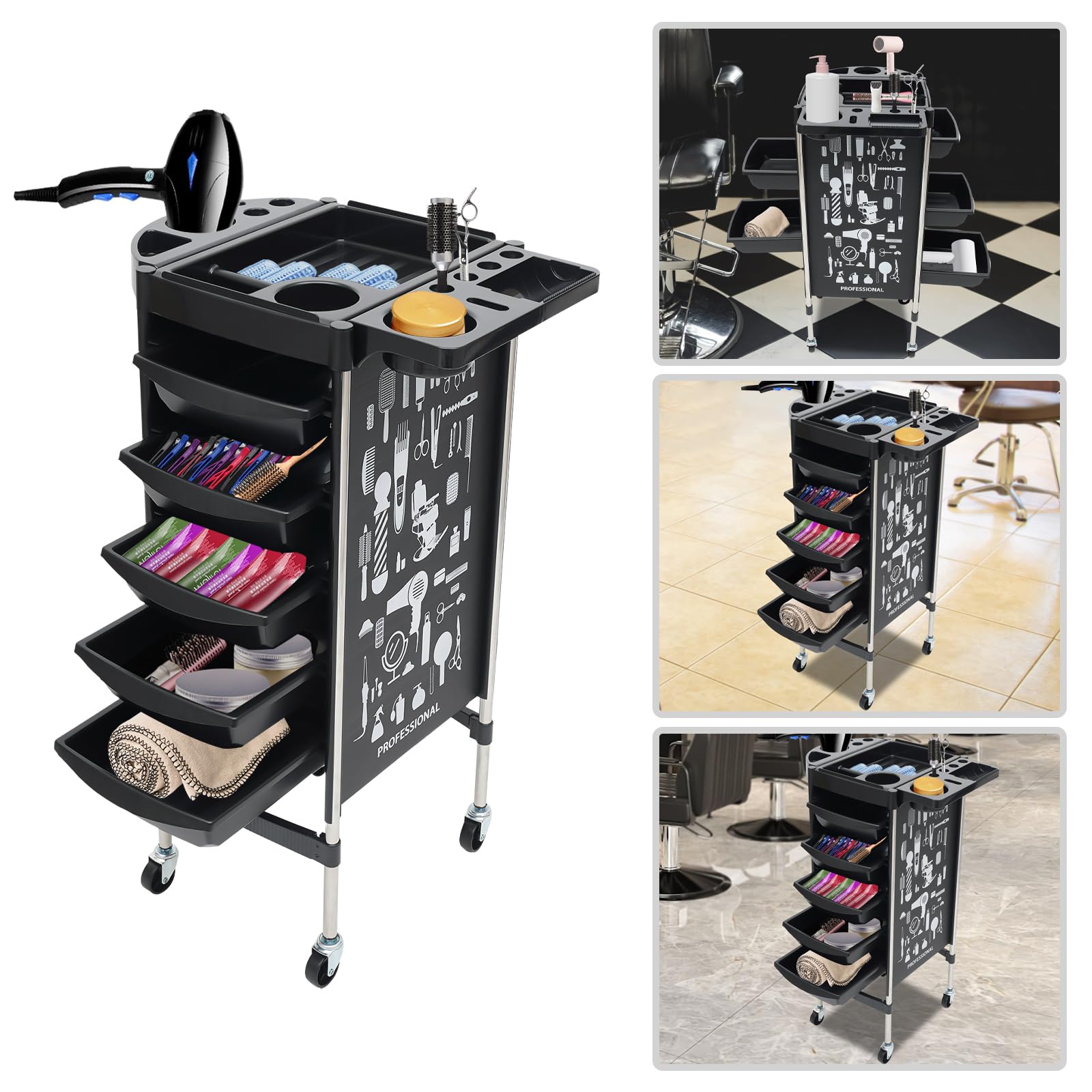 Carrito de peluquería con 5 cajones, contenedor con ruedas, carrito de peluquería, cosméticos, estante de baño, asistencia para peluquería, carrito de trabajo, carrito para salones de belleza,
