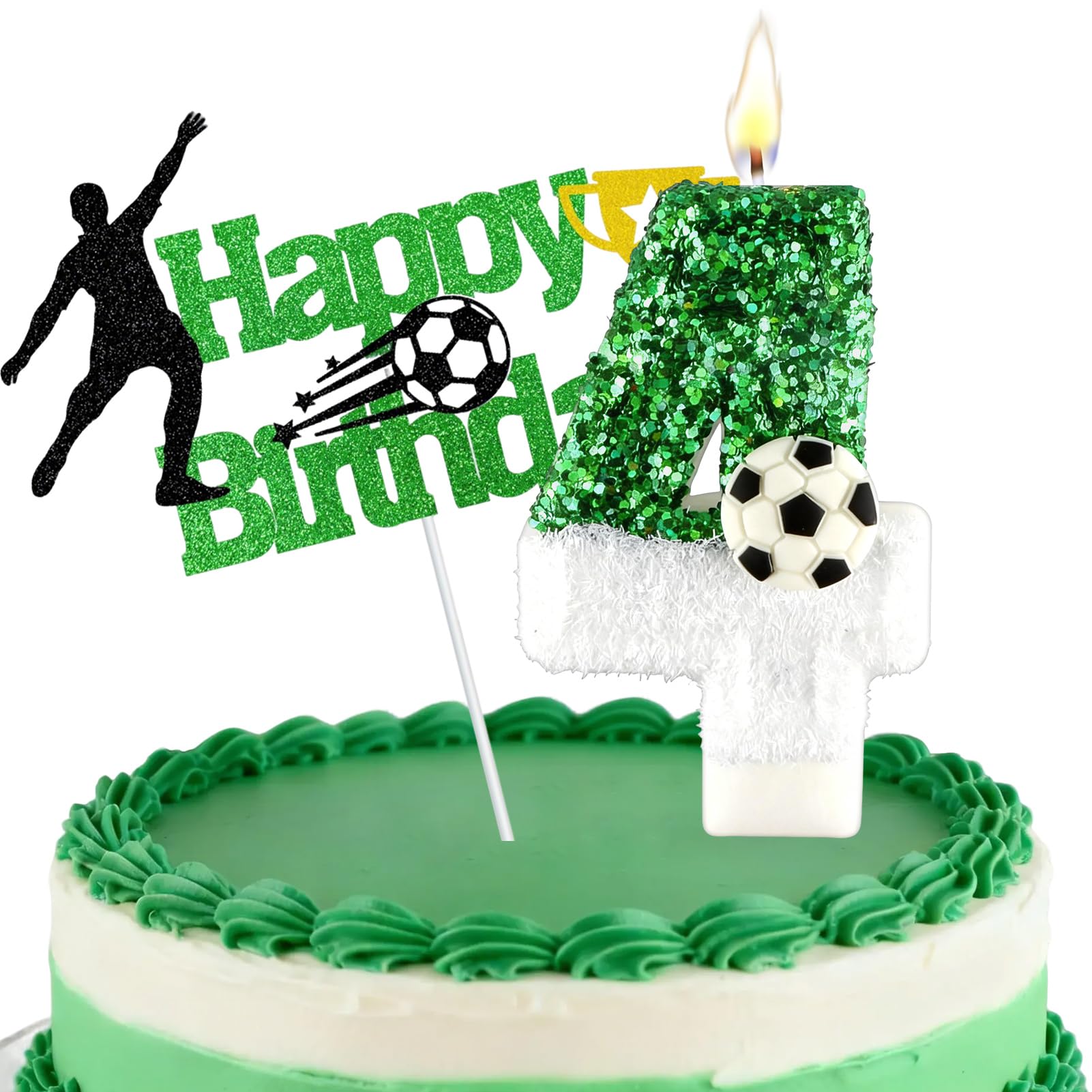 Football Number Candles, Birthday Candles for Cake, Cake Candles with Greeting Card for Birthday Party Wedding Anniversary Celebrations(4 Candle,Green&White) — image 1