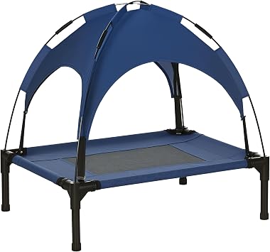 PawHut 61cm Elevated Dog Bed Cooling Raised Pet Cot UV Protection Canopy Blue