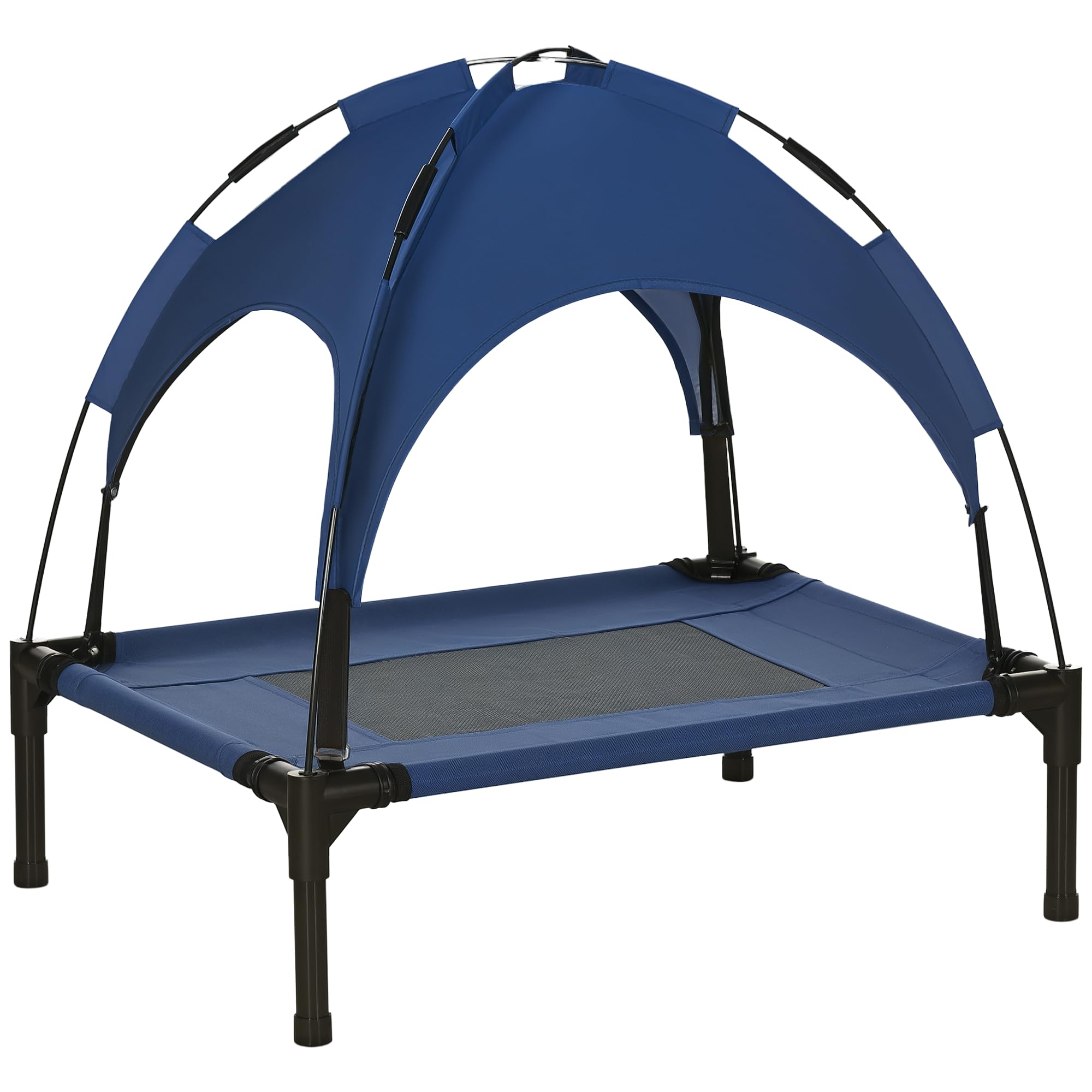 PawHut Erhöhtes Hundebett mit Baldachin, Haustierbett, Hundeliege Outdoor mit Dach, Atmungsaktiv, Taftstoff für Camping Dunkelblau 61 x 46 x 62 cm