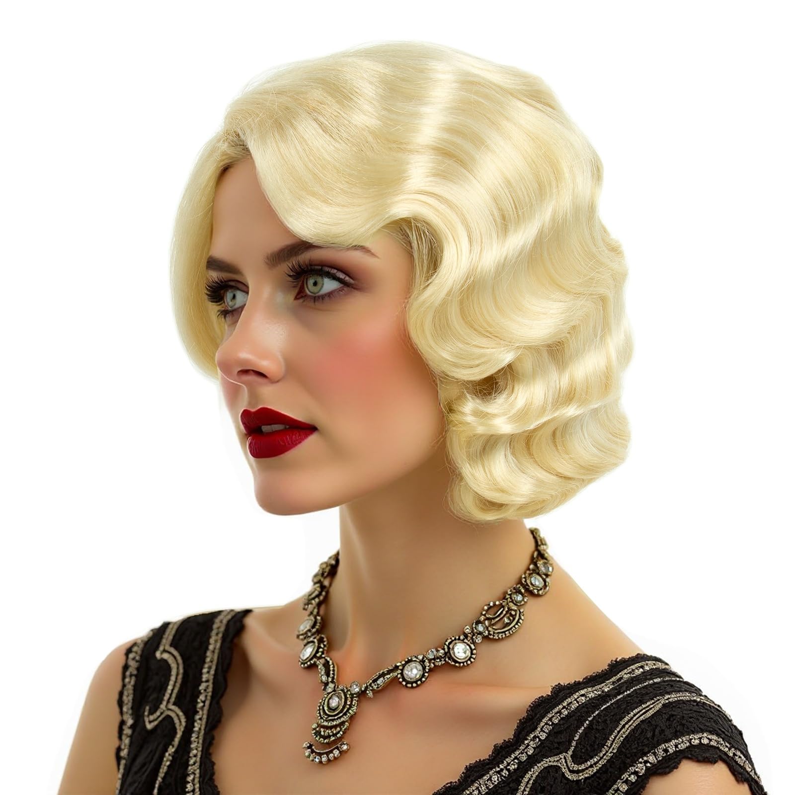 MEDISIFA Short Blonde 1920s Wig for Women Gatsby roaring 20s Finger Wave Party Synthetic Full Vintage Wigs for Womens Lady Cosplay Costume Fancy Dress