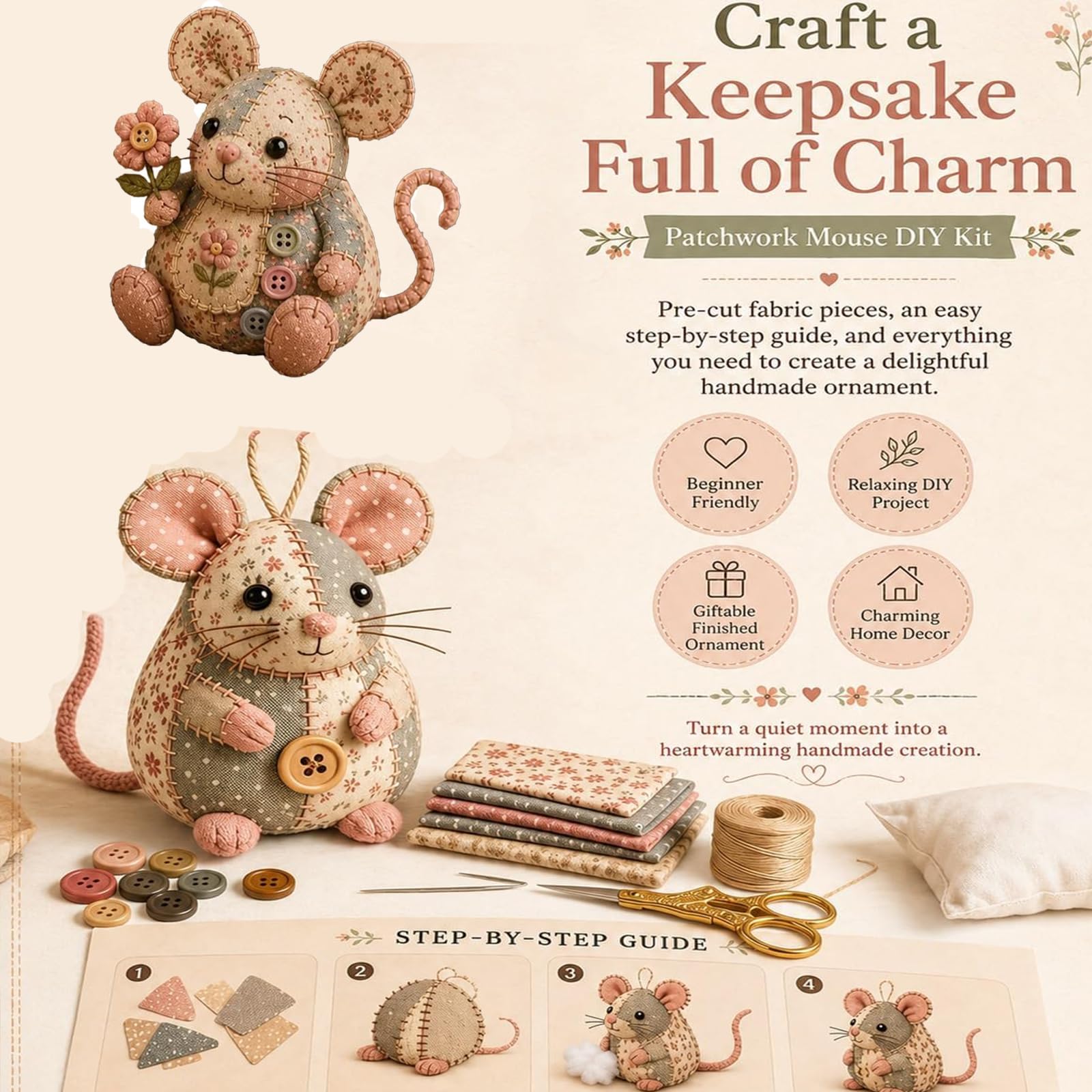 Patchwork-Maus-DIY-Set, handgefertigtes Patchwork-Maus-Nähset, niedliche 3D-Filzmäuse-Patchworks-Tier-Kits, komplettes Stofftierprojekt aus Filz,mit vorgeschnittenen Teilen,Füllung Knöpfen (#all)