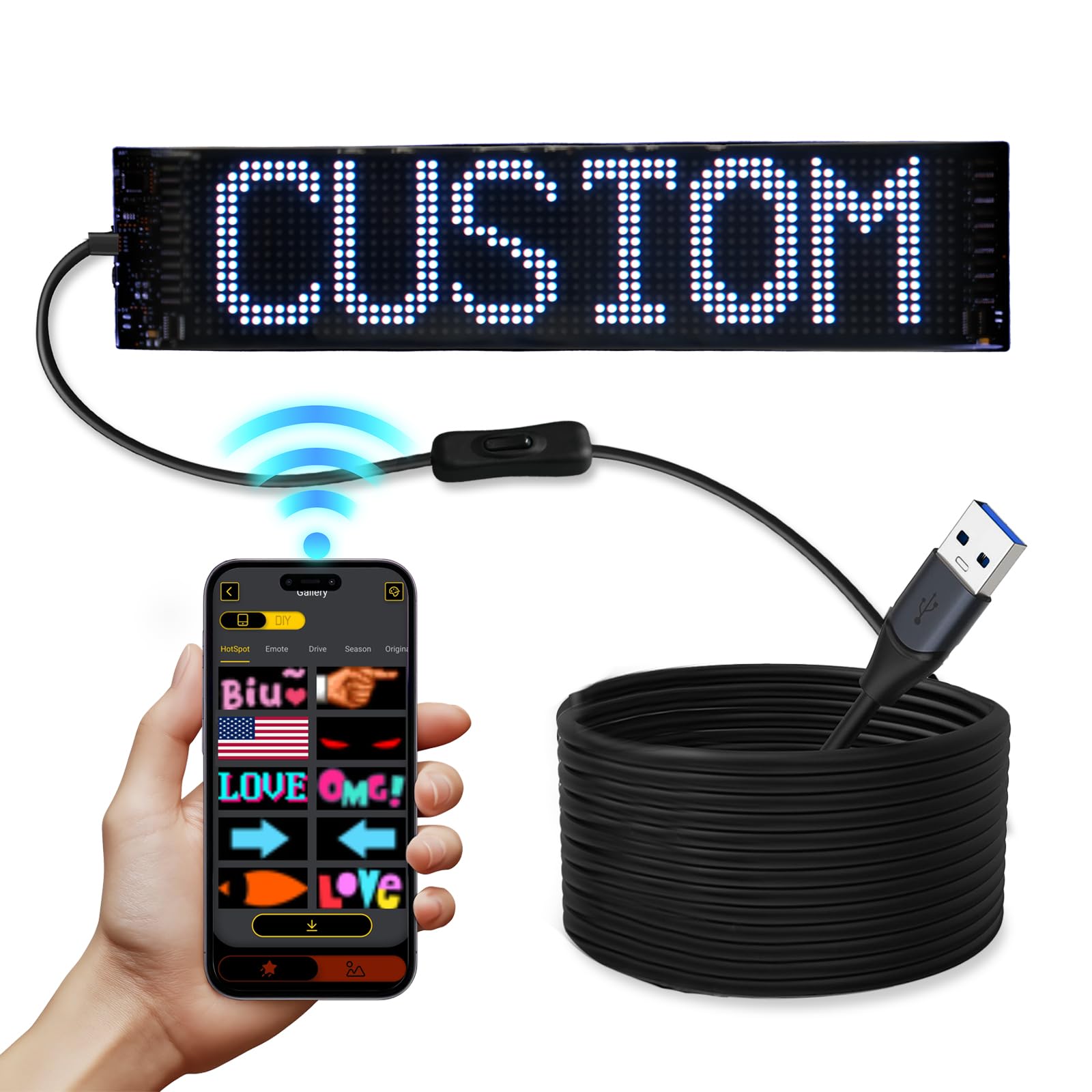 Devil Eyes LED Car Windshield Sign, Programmable Bluetooth APP Control, Custom Text Pattern Animation Flexible LED Matrix Panel USB Powered,