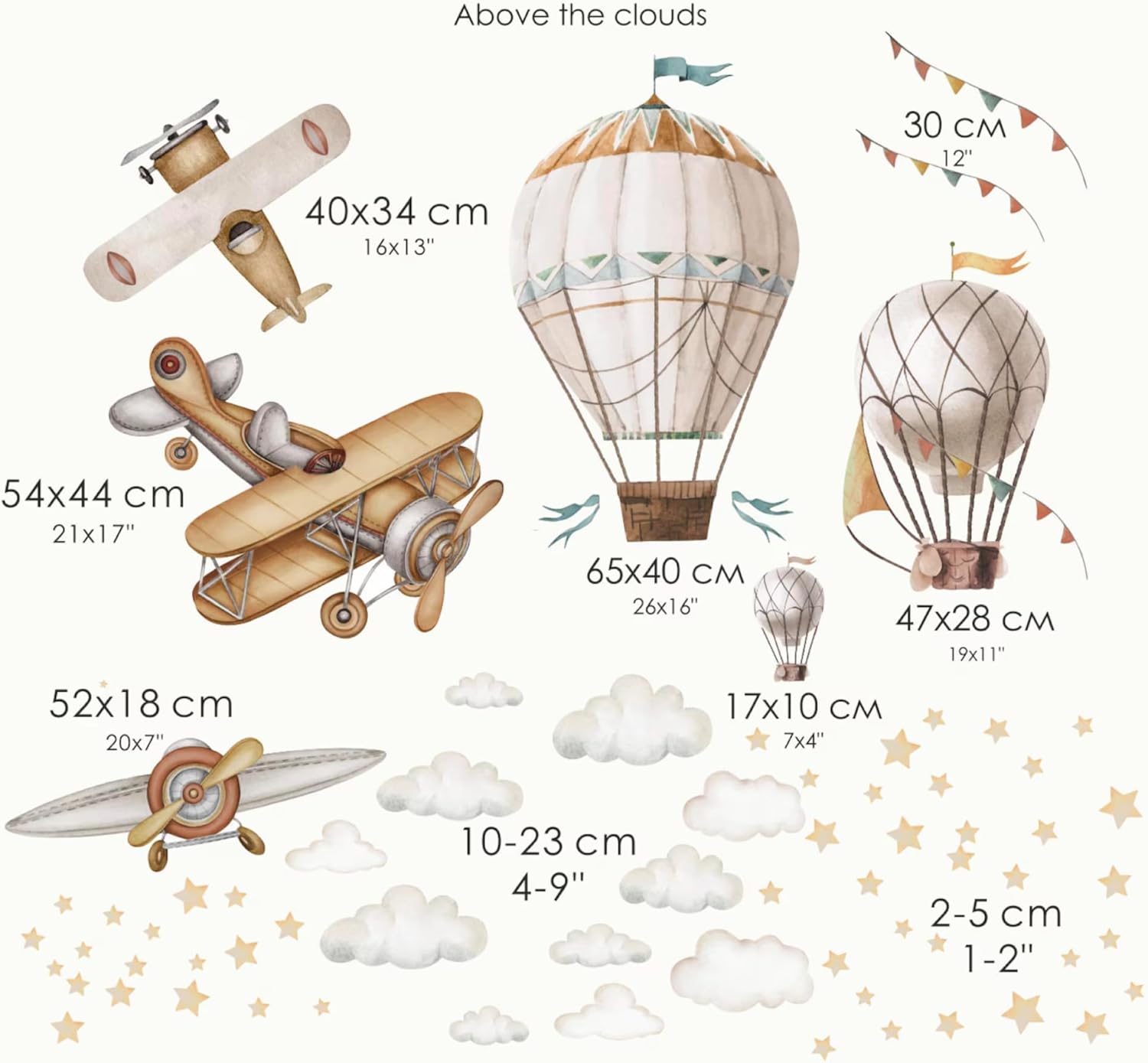 Generic Boho Hot Air Balloons Wall Decal - Neutral Beige Vinyl Stickers - Vintage Airplane Decor for Baby Room - Clouds & Stars Wall Art - Kids' Nursery Wall Stickers