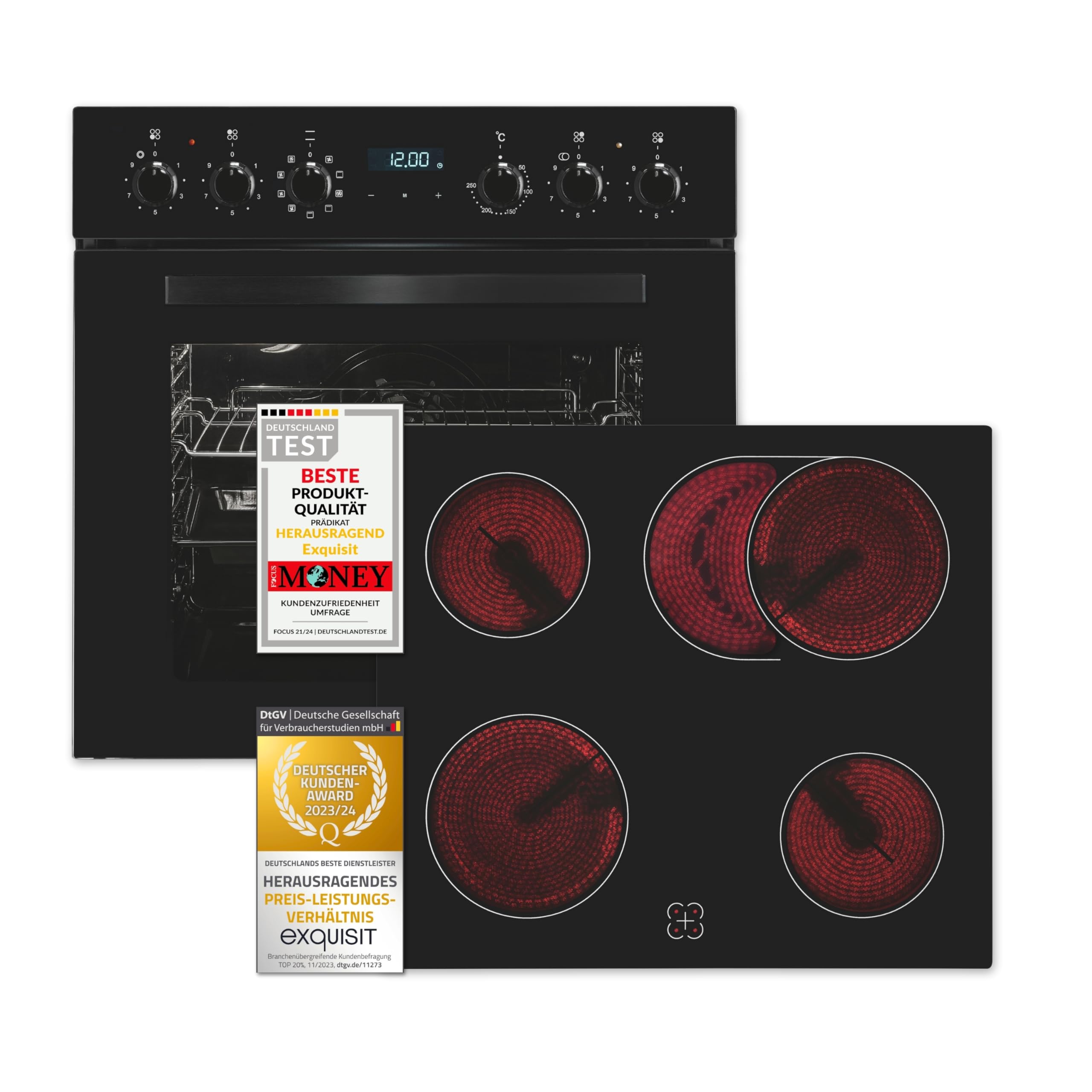 Exquisit Juego de cocina empotrable EHE285-HBZ-020 negro | 75 l de capacidad de cocción | 9 programas de horno | placa de cocción con marco | clase energética A