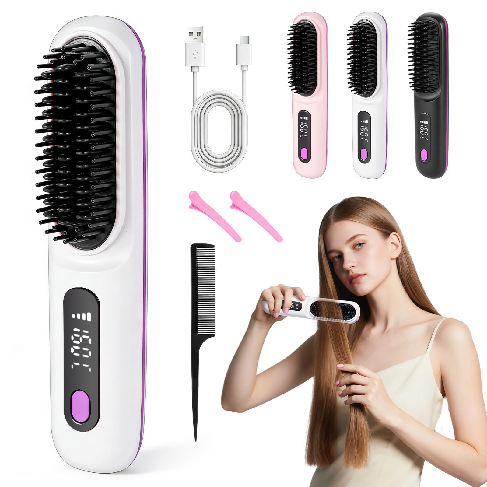 RUIZHI Haarbürste Elektrisch, Glättbürste Kabellos, Stylingbürste für Kurze Haare, Elektrische Haarglätter Bürste, Glättungsbürste, Hot Comb für Reisen, mit LED Anzeige und 3 Temperatureinstellung - 2