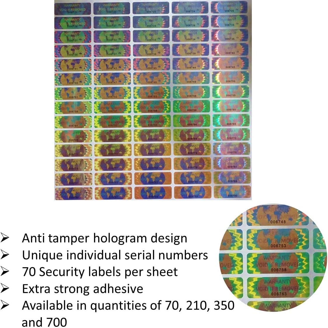 700 Hologram Tamper Evident, Tamper Proof Stickers. Warranty Void If Removed. Individual Serial Numbers. Tamper Foil Tape Labels. Destroyed Upon Removal with Residual Text Left on Item. (700 Stickers)