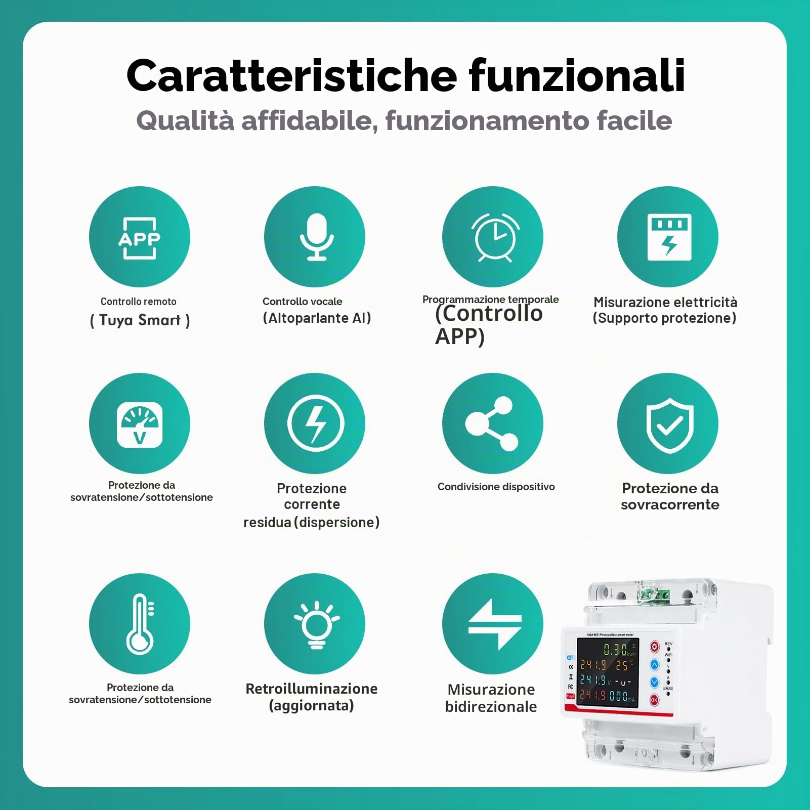 Wifi Misuratore di consumo elettrico 100A 220V AC Contatore Elettrico Wifi Meter Bidirezionale Tuya APP Smart Contatore Luce Sub/sovracorrente/ritardo/tempo/protezione contro le perdite.