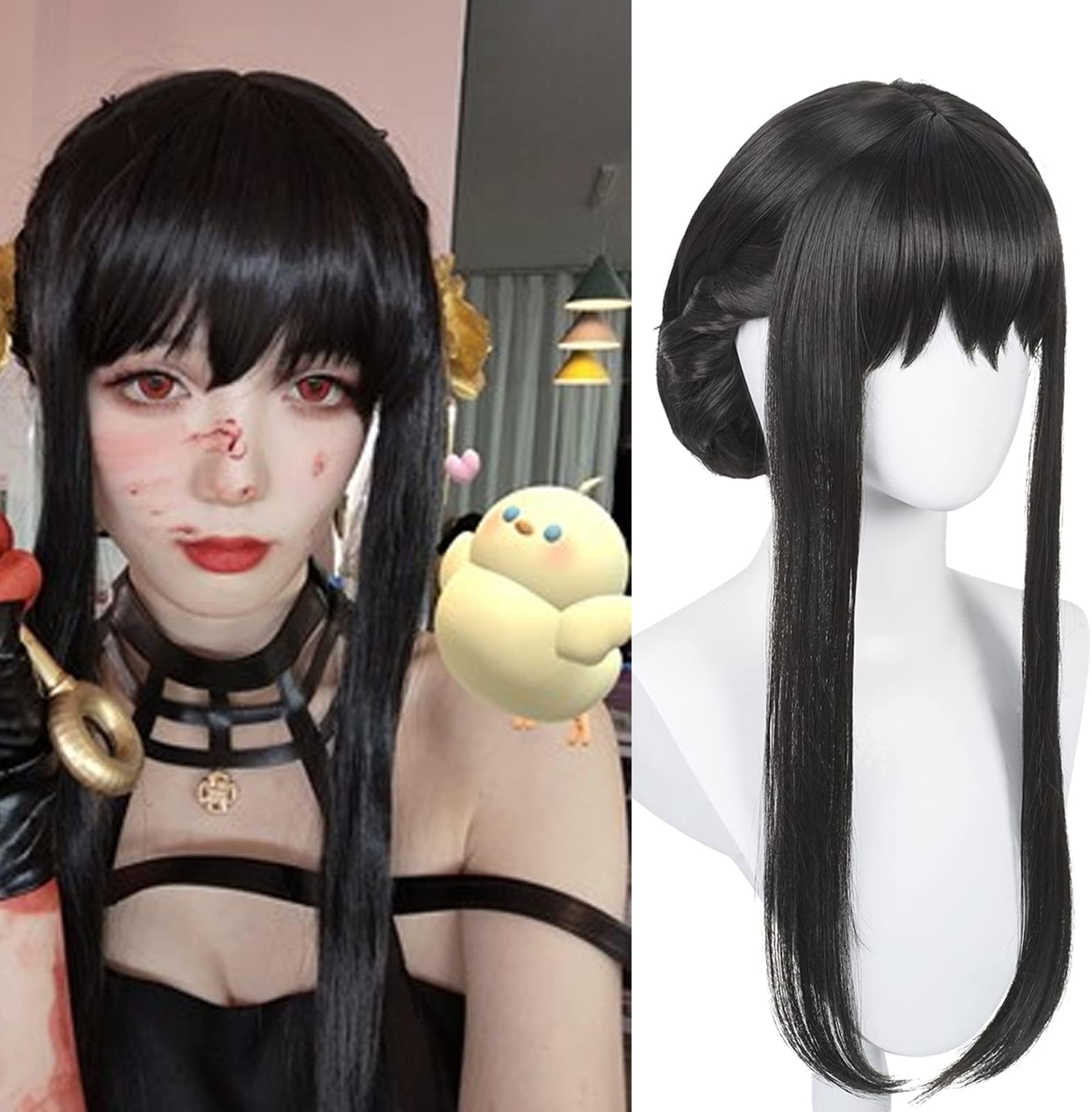 Long Black Anime Cosplay Wig with Bangs & Bun Pre-styled Thorn Princess Killer Costume Wigs Synthetic Hair + Wig Cap for Halloween Party