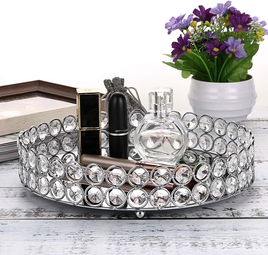 Hipiwe Crystal Make up Tray, Mirror Perfume Tray Bathroom Storage Trays Jewelry Trinket Trays Vanity Cosmetic Organizer Home Decor, Birthday Gift for Women(Round 9.8 Inch)