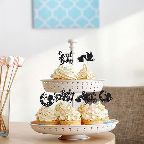 Miniatura 74 de 24 piezas Oh Baby Boy Cupcake Toppers Silver Glitter Enterizo Botella Cisne Baby Shower Boy Cupcake Picks Género Reveal Theme Baby Shower Niños